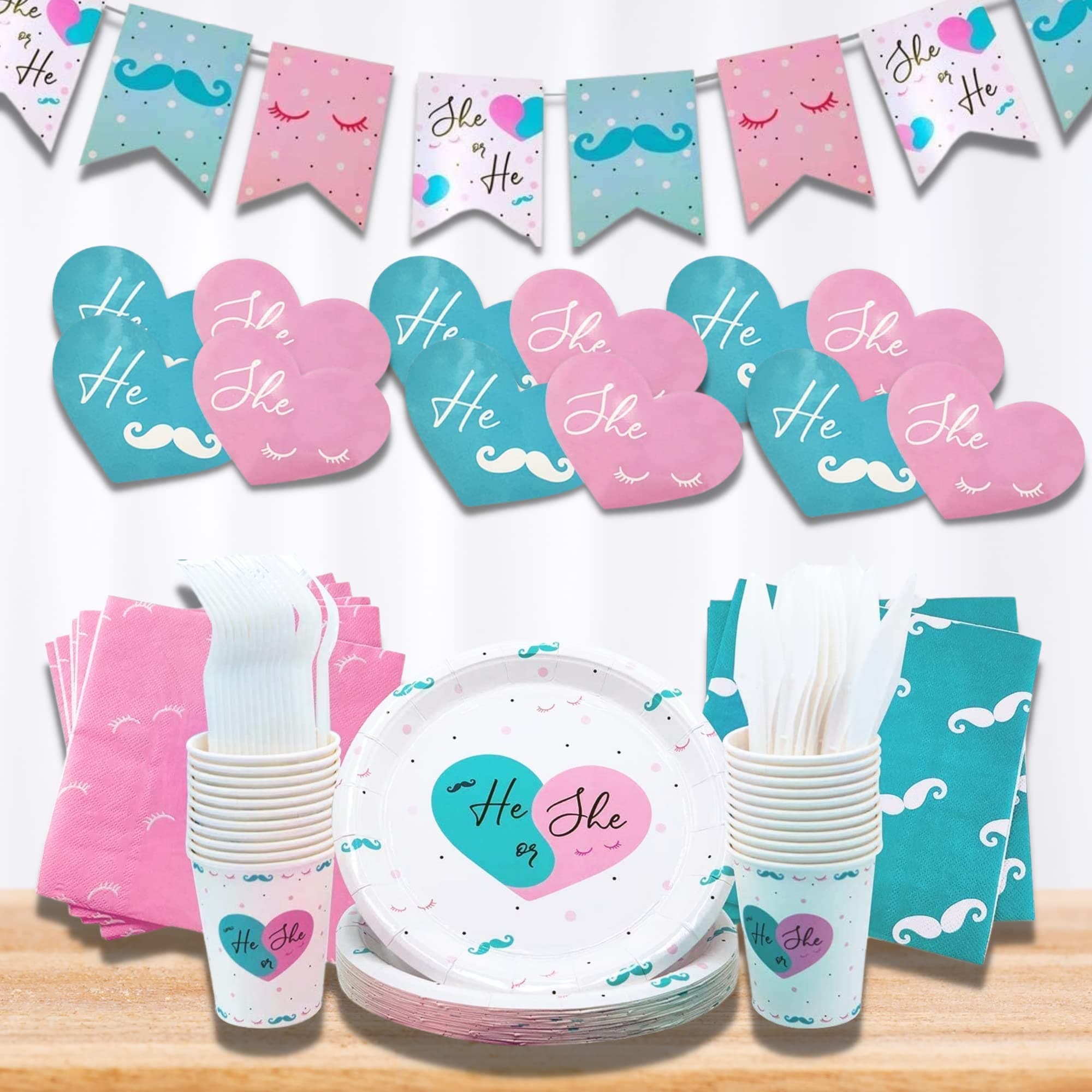 Gender Reveal Party Supplies Kit 228 Pieces Serves 24 Guests, Baby Gender Reveal Decorations, Baby Boy Or Girl Gender Reveal Banner, Plates and napkins, gender reveal cups