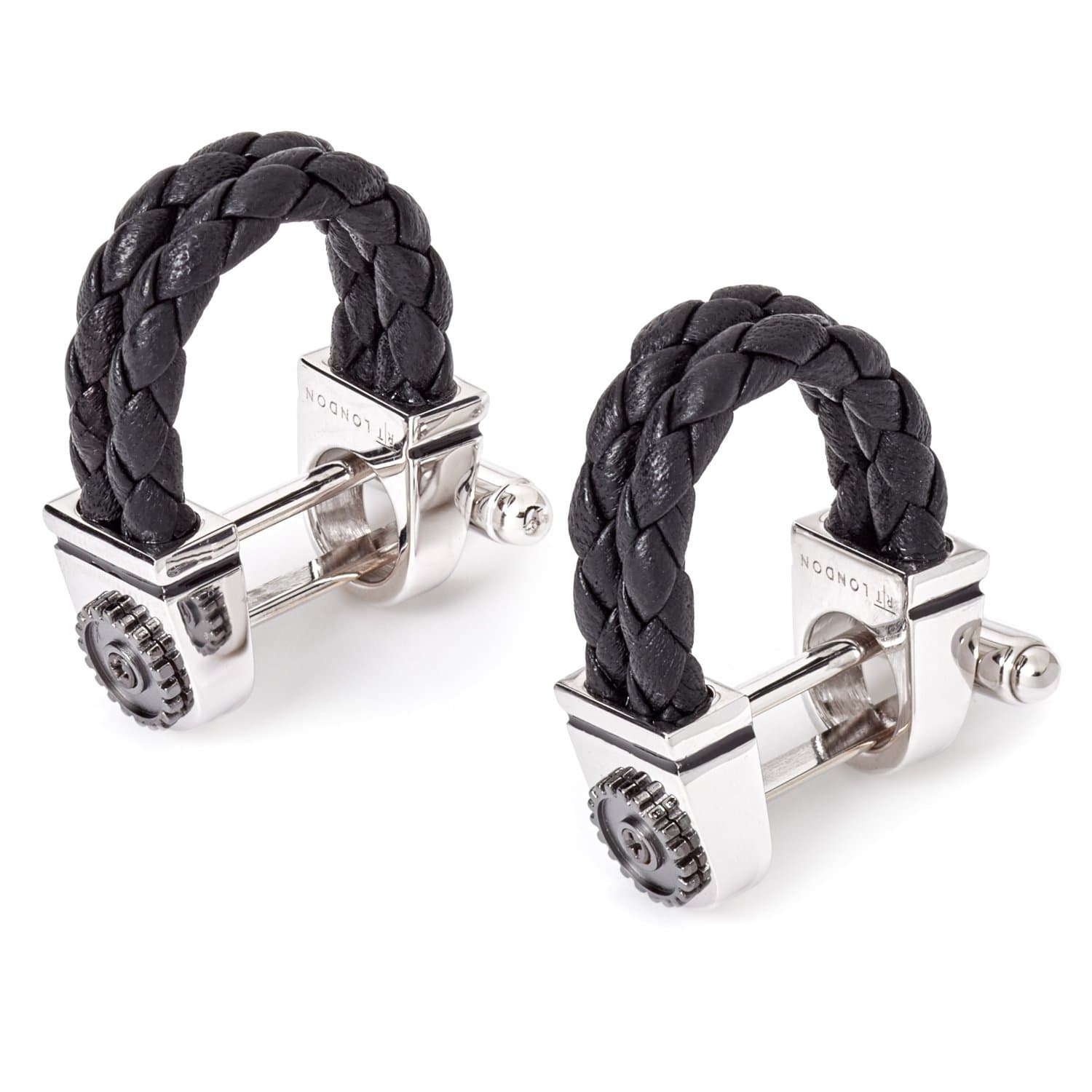 Mechanical Gear Wraparound-RT Cufflinks, Black Braided Italian Leather Rhodium Silver with Rotating Gear