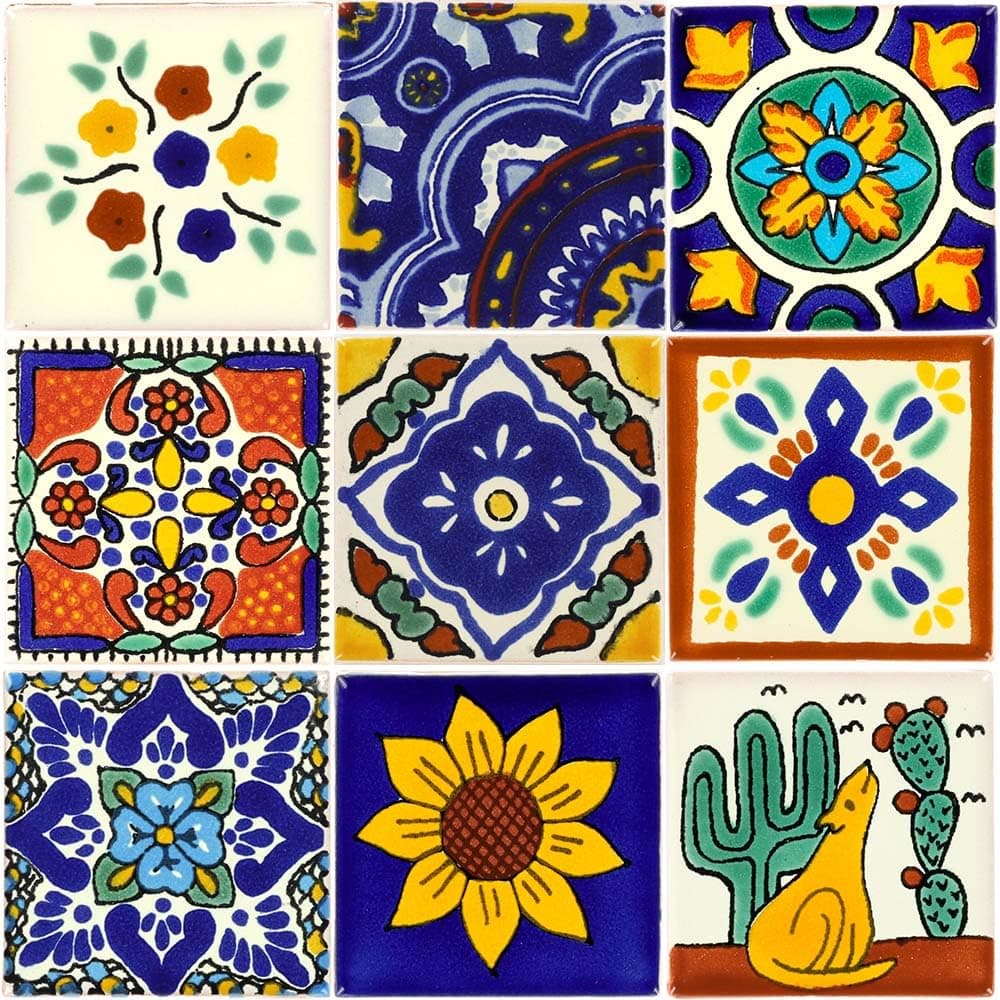 Tile Set of 9 Individual 2x2 Mixed Ceramic Talavera Mexican Tiles