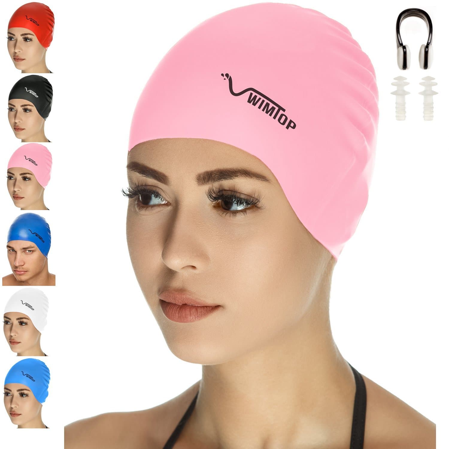 Premium Silicone Swim Cap for Men and Women Free Nose Clip and Ear Plug (Pink)
