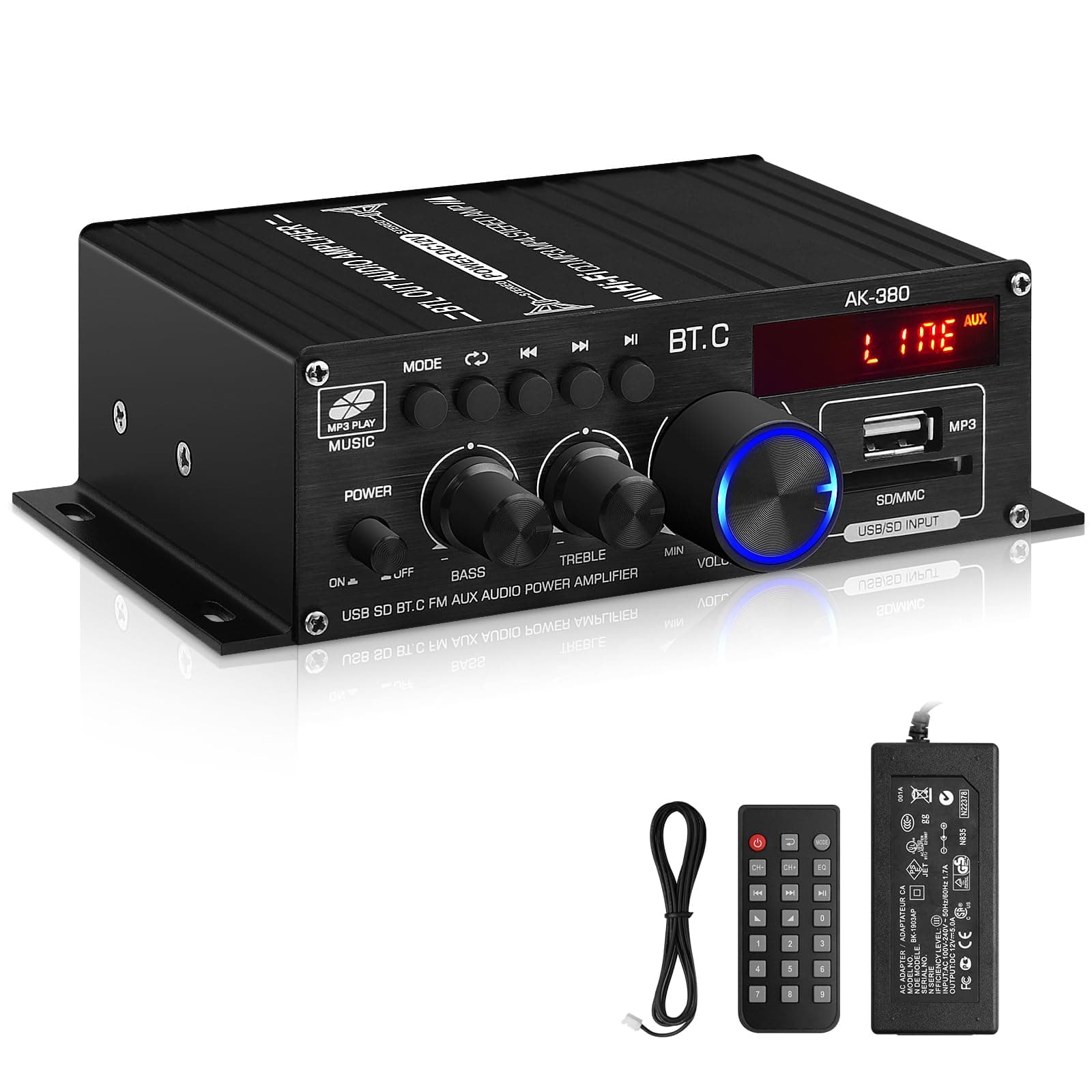 AK-380 USB SD BT.C FM AUX Audio Power Amplifier 400W+400W 2.0 CH HiFi Stereo AMP Speaker Bluetooth 5.0 Amp Receiver with 12V 5A Power Supply,FM Antenna for Car Home Bar Party