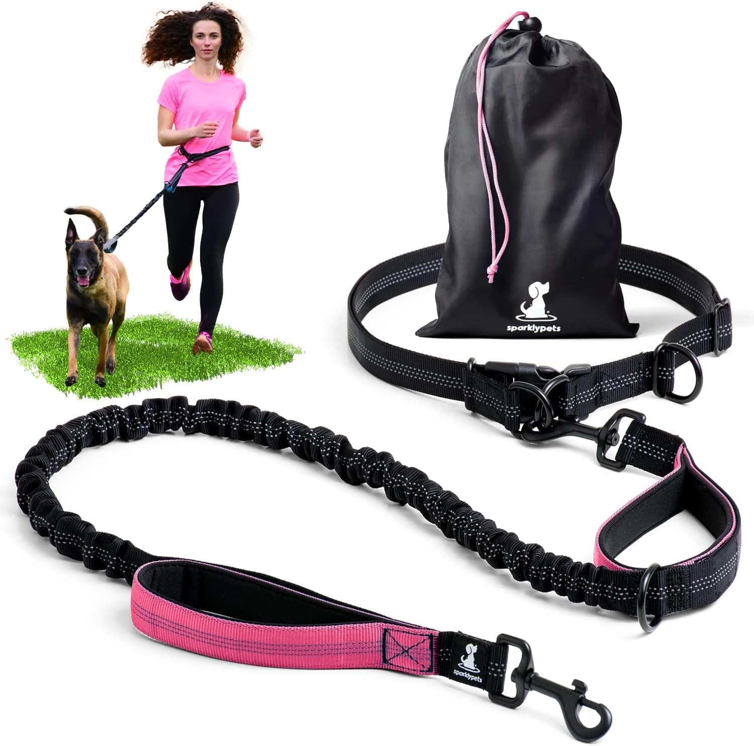 SparklyPetsHands Free Dog Lead for Medium and Large Dogs – Professional Dog Running Lead with Reflective Stripes – Waist Dog Lead for Walking, Training, or Jogging (Pink, For 1 Dog)