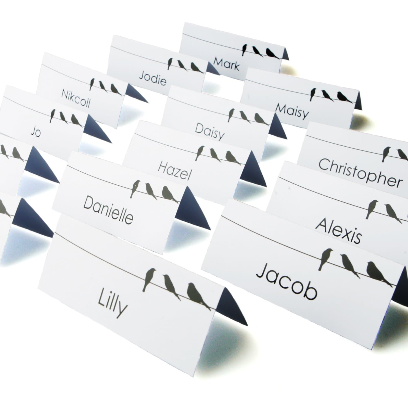 Personalised Bird Table Place Name Cards 90mm x 37mm, Wedding, Conference, Parties (10)