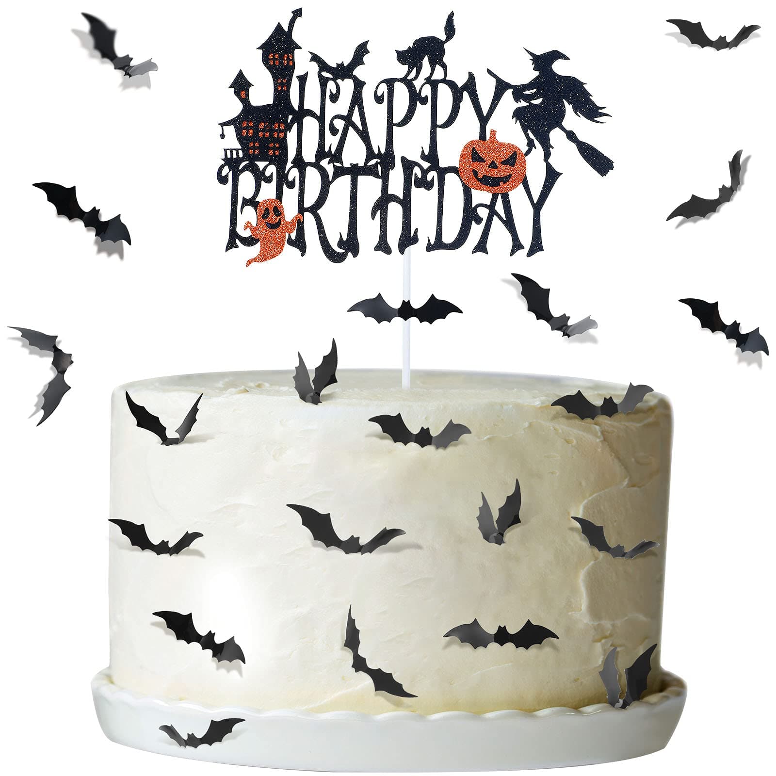 Halloween Happy Birthday Witch Cake Topper with 30 Pieces 3D Bats Cake Decoration Black Glittery Halloween Pumpkin Cake Topper Ghost Cake Picks for Birthday Halloween Party Supplies