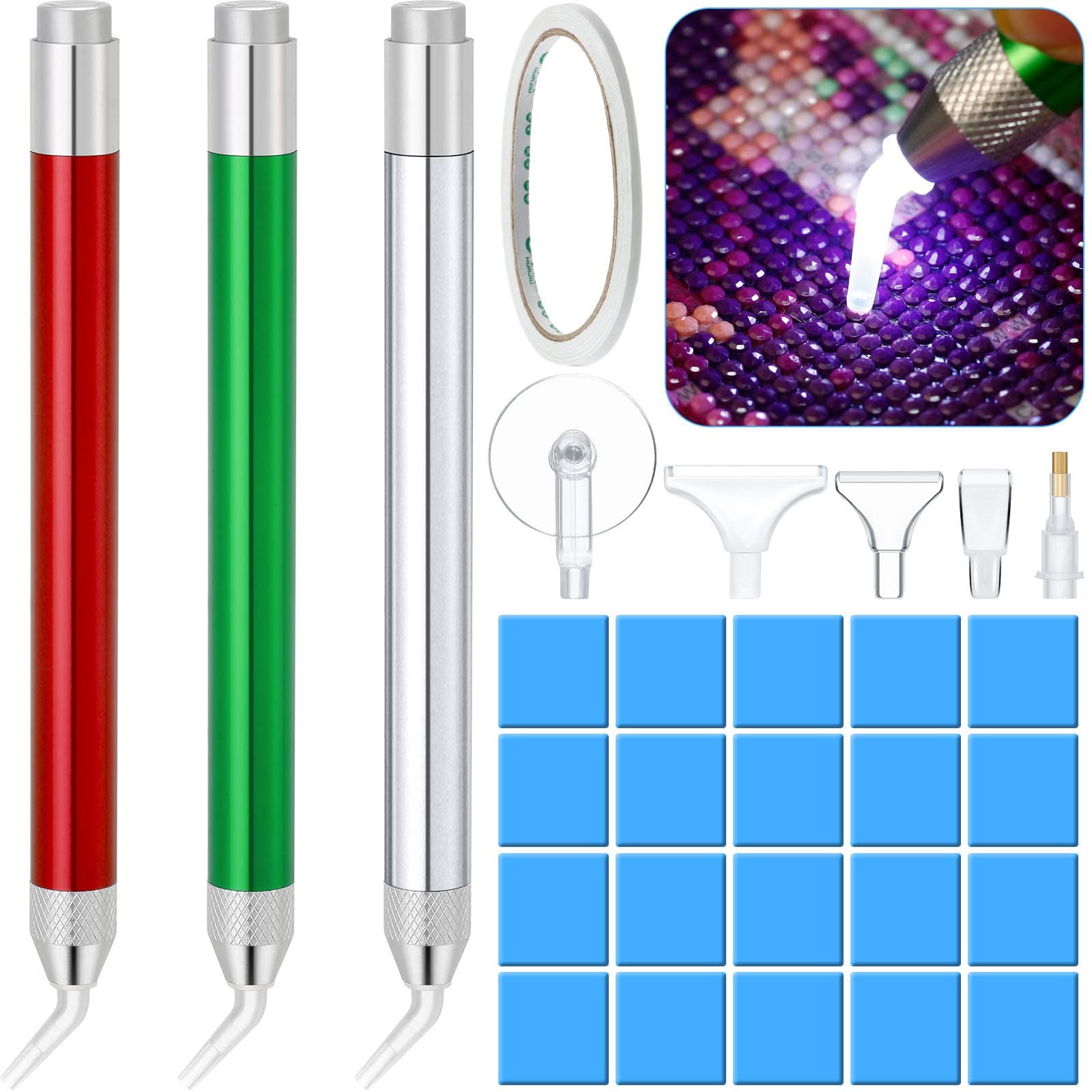 3 Pieces LED Diamond Painting Drill Pen Point Drill Pens with Light Aluminum Alloy 5D Diamond Painting Tools, 20 Pieces Painting Glue Clay and 6 Pieces Replacement Pen Heads for DIY Painting Crafts