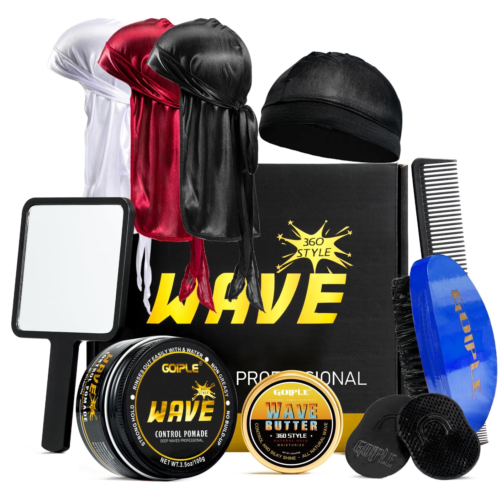 Wave Pomade For Men Strong Hold Easy Wash 360 Training Hair Cream, Waves Grease Promotes Layered Waves, Moisture, Silky Shine, Brushe Durag Cap Set (Blue)