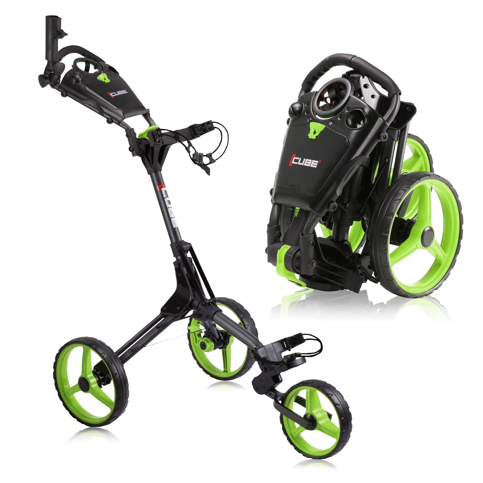 CUBE CART 3-Wheel Golf Push Cart – Ultra-Compact 14.5 lb Folding Golf Trolley, Two-Step Fold, Adjustable Handle, Foot Brake, Umbrella Holder & Built-in Storage