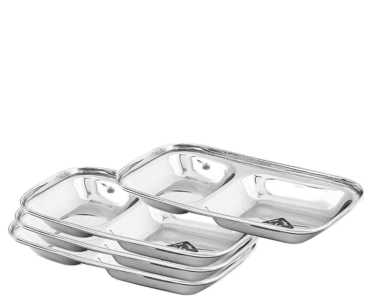King International 100% Stainless Steel Two in one Dinner Plate Two sections divided plate Two compartment section plate -Set of 4 Mess Trays Great for Camping, Kids Lunch and Dinner or Every Day Use- 21 cm