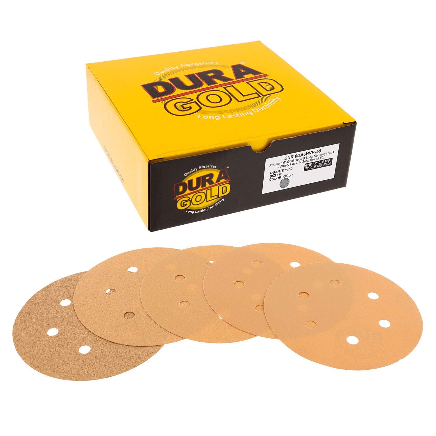 Dura-Gold Premium 80, 120, 220, 320, 400 Grit 6" Gold Sandpaper Discs, 6 Hole Pattern Dustless, 10 Each, 50 Total - Hook & Loop Backing for DA Sander, Sanding Automotive Paint, Woodworking Wood, Metal