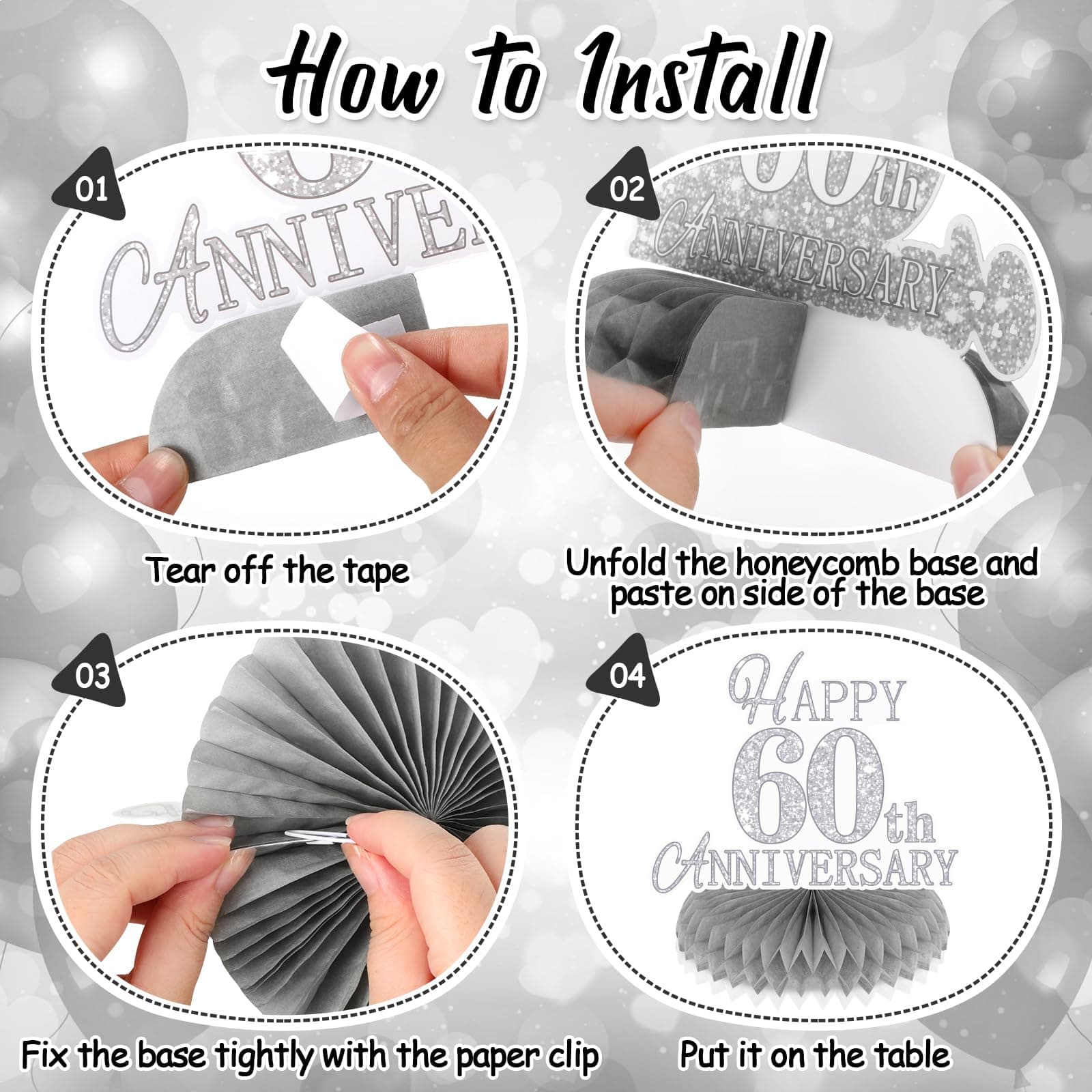 RUMIA 9Pcs 60th Wedding Anniversary Decorations Happy 60th Diamond Wedding Anniversary Honeycomb Centerpiece 60th Wedding Anniversary Table Toppers Centerpiece Decorations