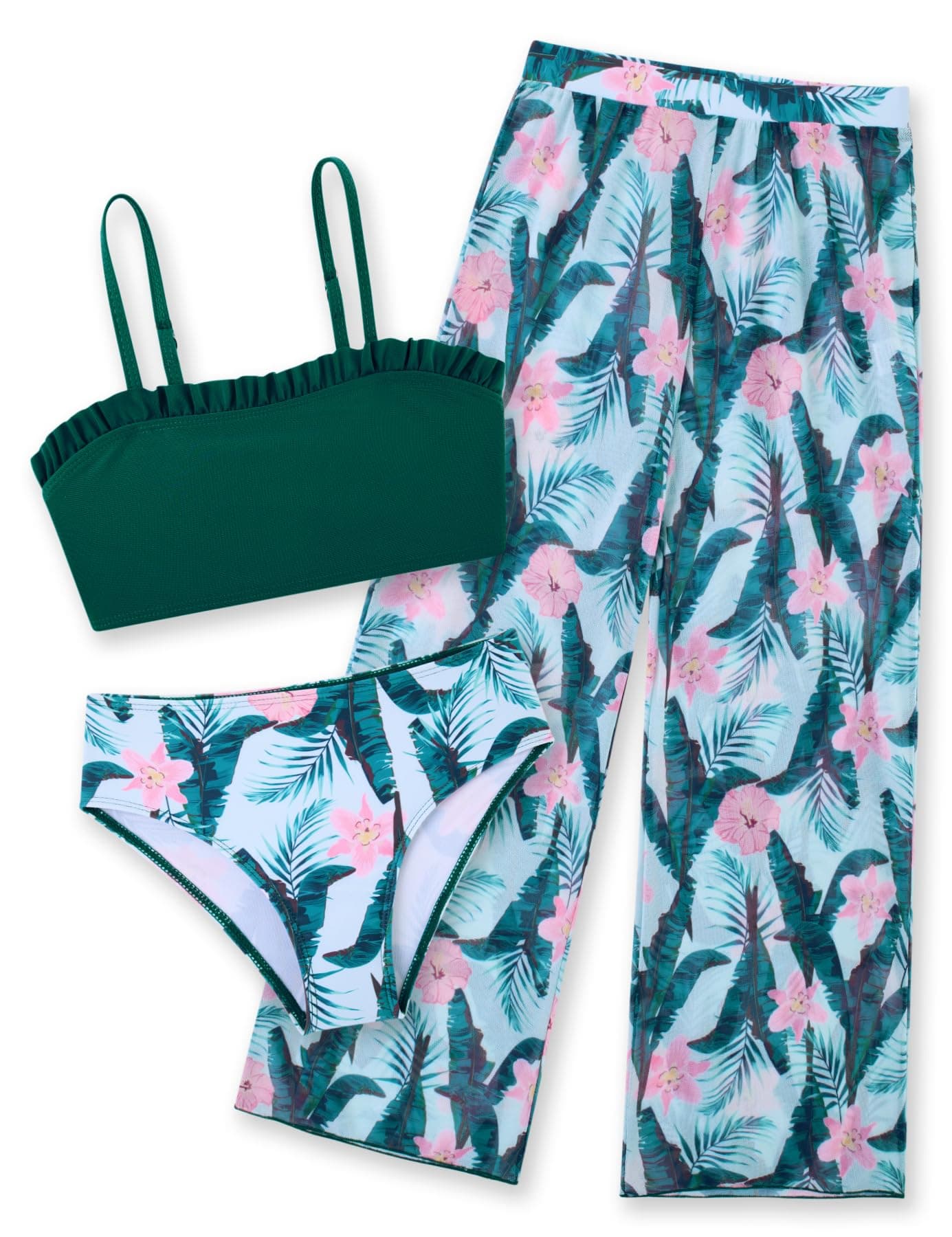 Hawaiian Bikini Green Swimwear for Girls 8 Year Old Pink Flower Swimsuits Size 9 Kids Quick Dry High Waist Bathing Suits with Mesh Pants Little Girl's 3 Pieces Rash Guard Sunsuits Vacation Party