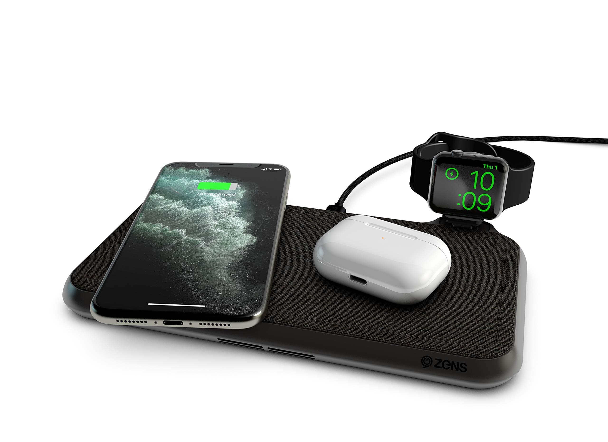 ZENS Liberty 16 coil Dual Wireless Charging Pad with Fabric surface - 2x15W output - Supports Apple and Samsung Fast Charge - Works with all phones with wireless charging
