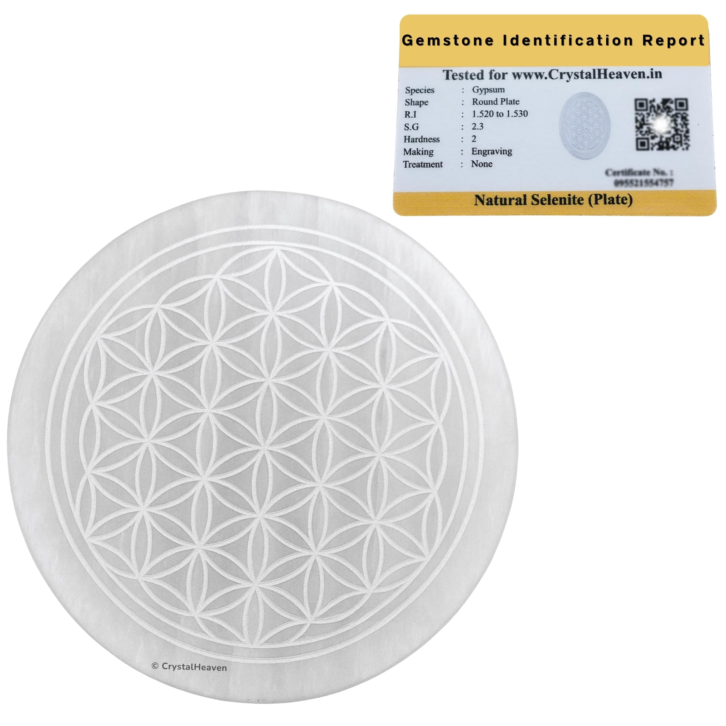 Certified Selenite Crystal Charging Plate, 4 Inch Engraved Flower of Life Selenite Plate for Crystal Cleansing Re-Energy Work, Meditation and Pooja - Flower of Life