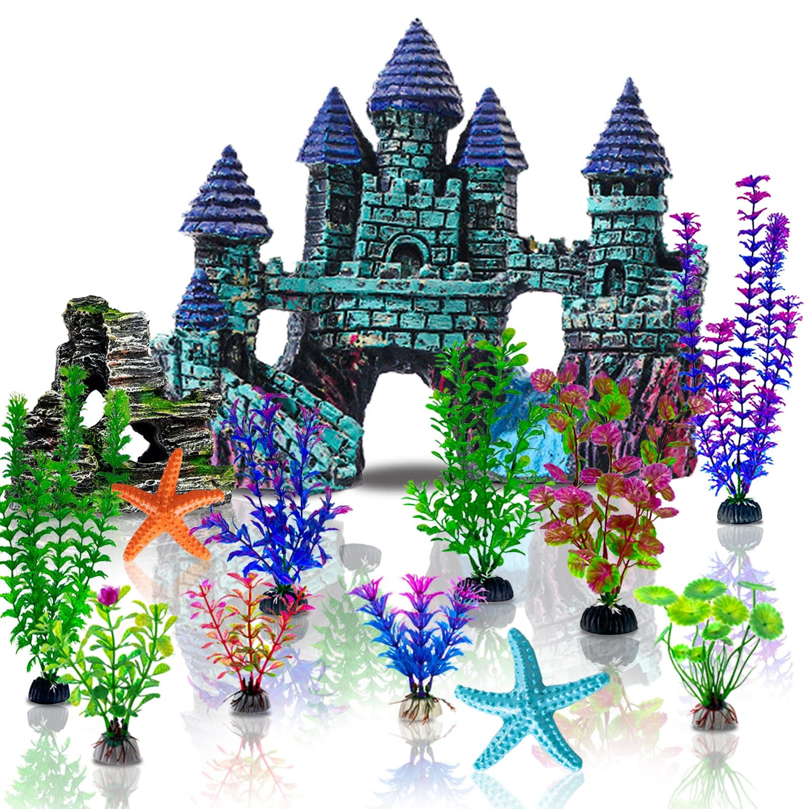 13 Pieces Aquarium Decorations Kit, Fish Tank Decorations Set Small Resin Castle and Rockery Betta Fish Cave Hideout Coral Artificial Plastic Plants Ornament Accessories