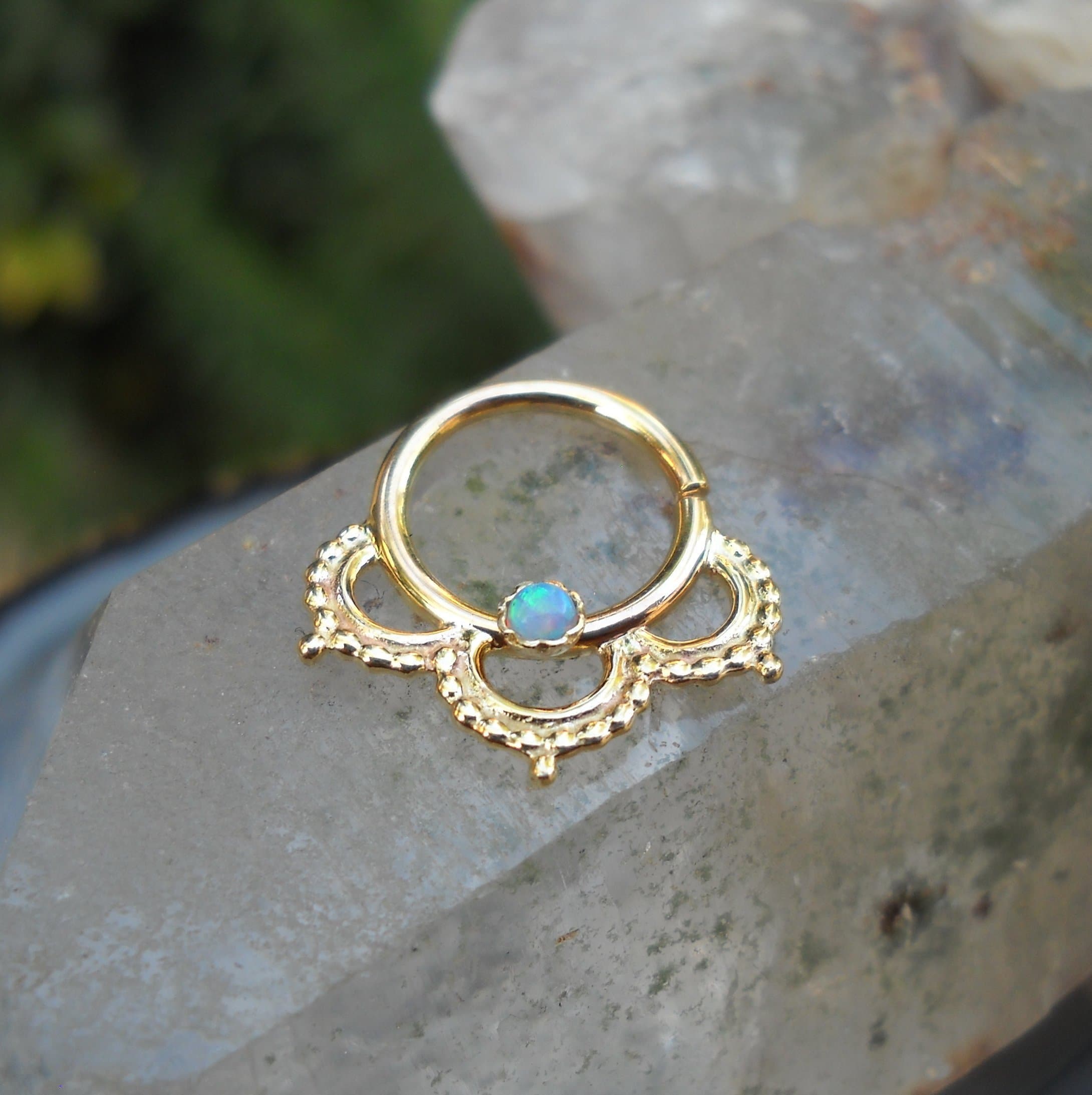 Tribal Septum Ring - Conch/Daith Piercing - Septum Jewelry - 14K Solid Yellow/Rose/White Gold Set With A 2mm stone - 20G to 14G - 8mm -10mm