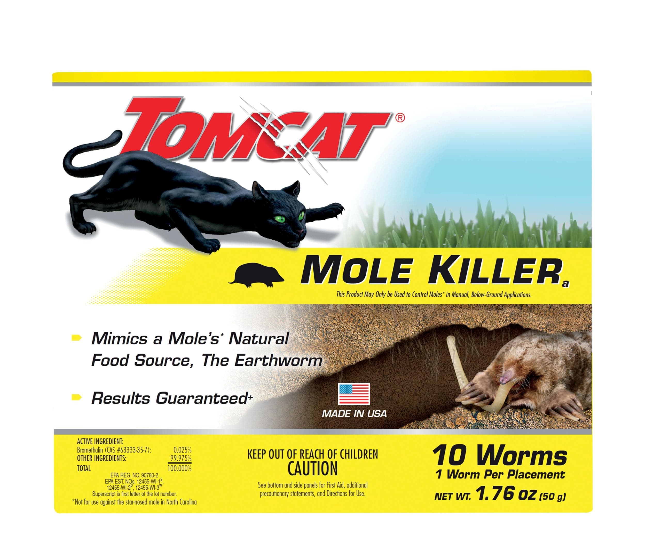 Tomcat Mole Killer(a) - Mimics Natural Food Source, Kills with a Single Feeding, Mole Killer for Lawns and Yards, 10 Worm Baits