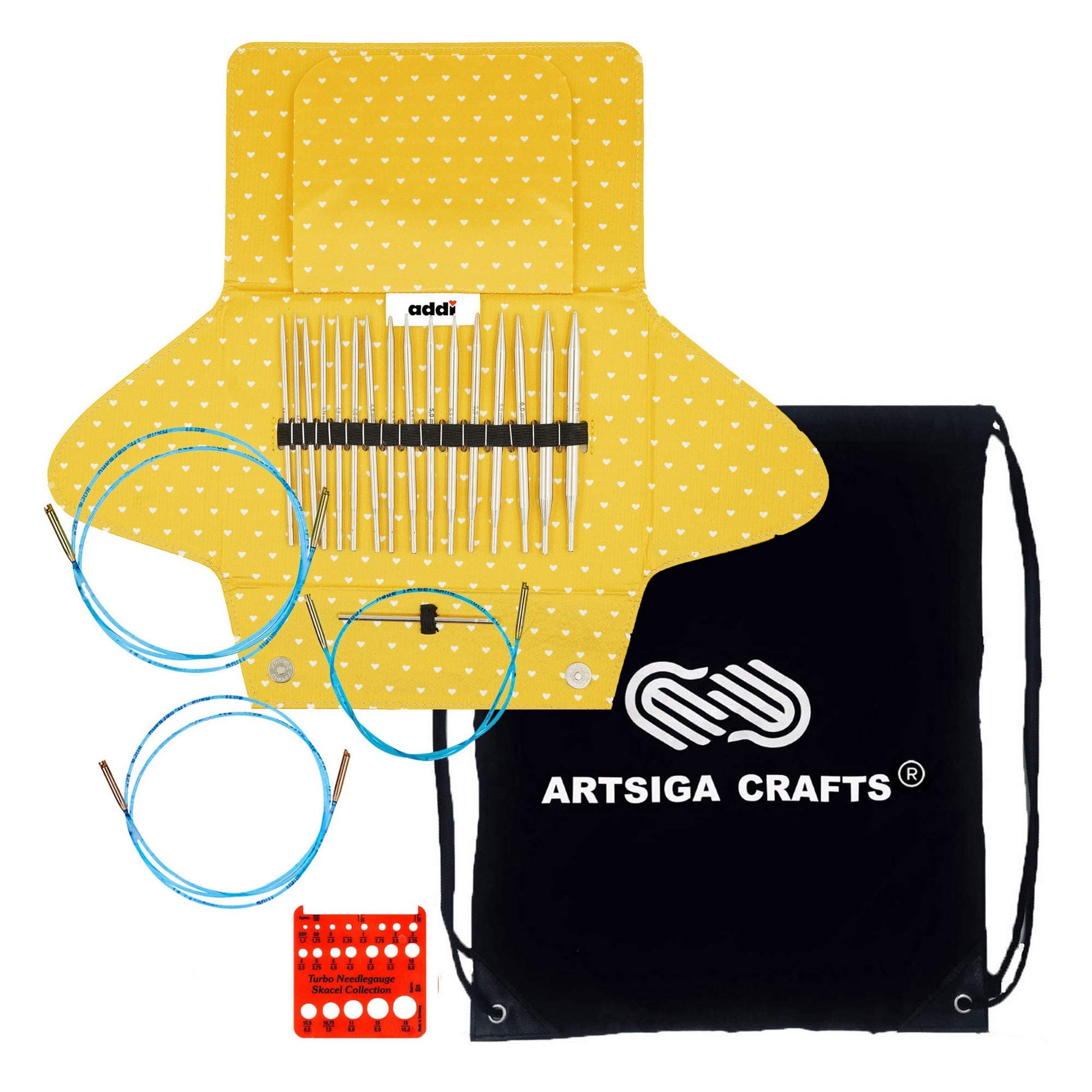 addi Click Mixed 5-Inch Turbo & Rocket Interchangeable Circular Knitting Needle Set Sizes US 4, 5, 6, 7, 8, 9, 10 and 11 with 3 Blue Cords, Yellow Canvas Case Bundle with 1 Artsiga Crafts Project Bag