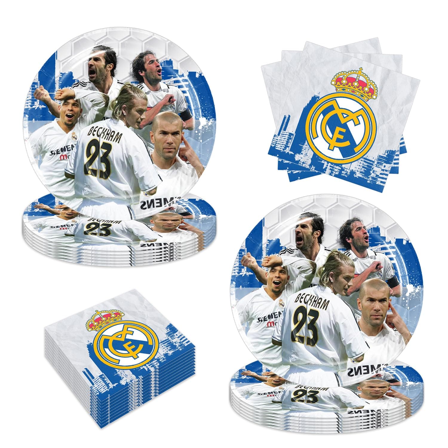 40PCS Real Madrid Birthday Party Supplies include 20 plates, 20 napkins for the Real Madrid party decoration