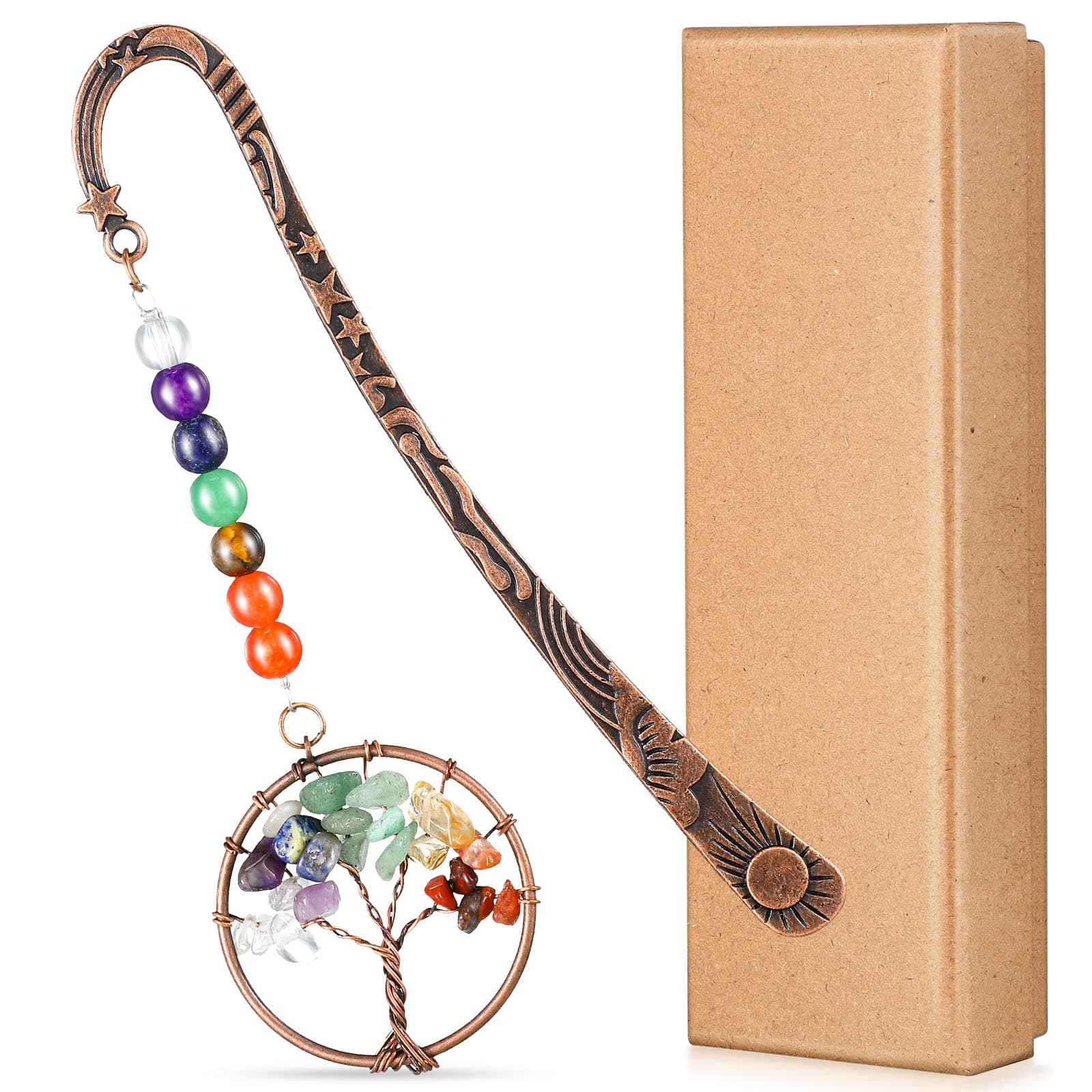 7 Chakra Crystal Bookmark Vintage Metal Bookmark with Gift Box Tree Book Mark for Women Student Teacher Graduation Valentines Day Gift