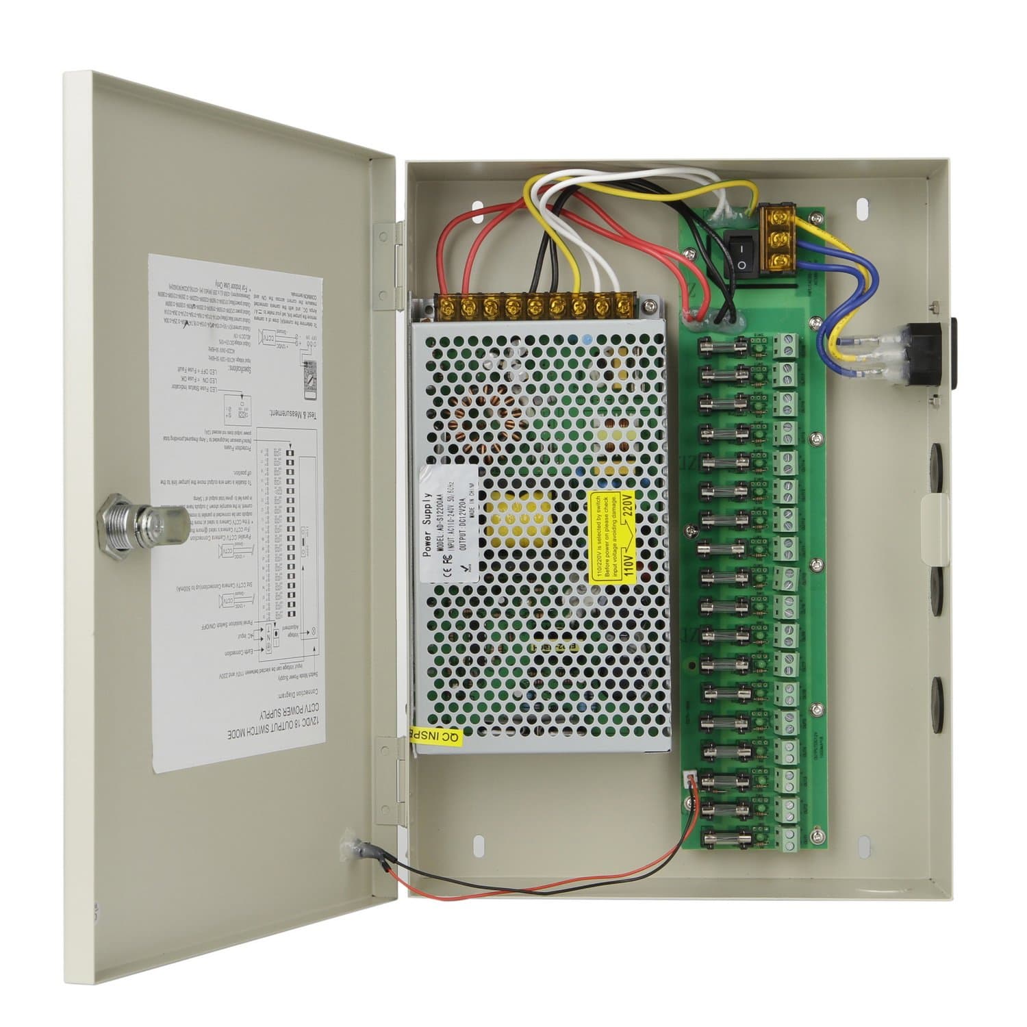 18 Channel Port 12V DC 20 Amp Amper with Glass Tube Fuse Distributed Power Supply Box for CCTV DVR Security System and Camera or Cameras