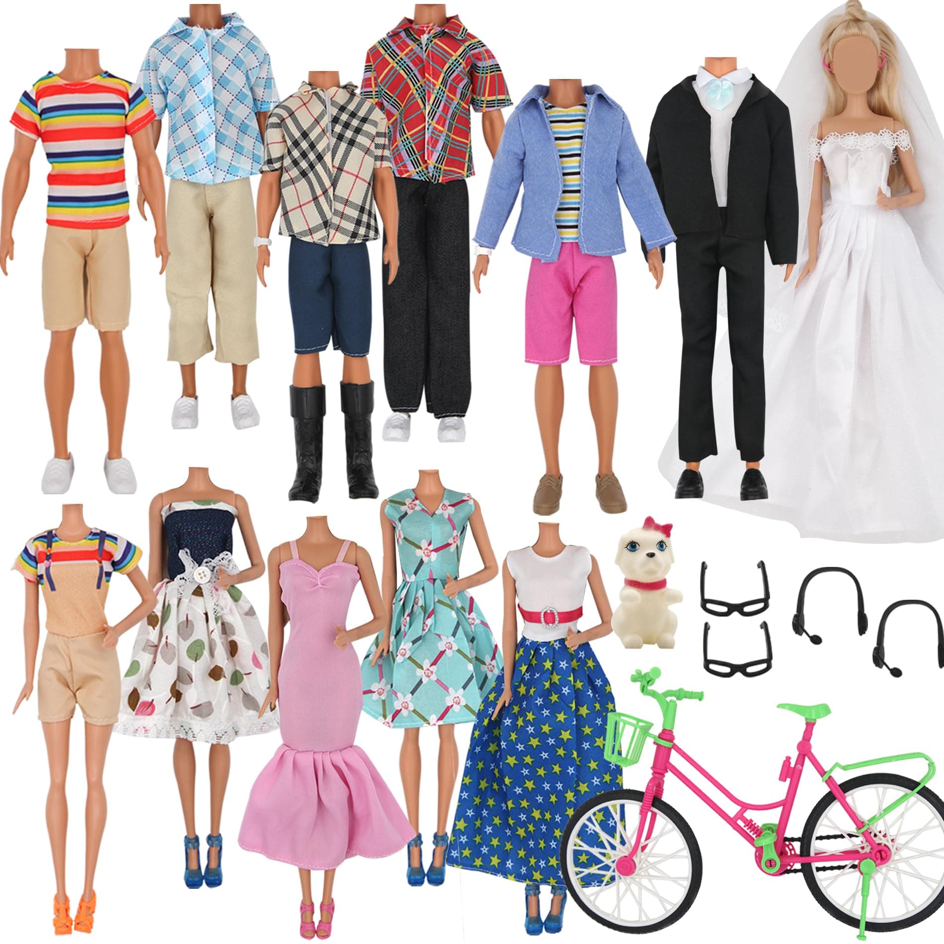 33Pcs Doll Clothes and Accessories for Ken Dolls and Barbie Dolls Includes 20 Wear Clothes Shirt Jeans Suit and Wedding Dresses, 4 Shoes Glasses Earphones Dog and Bike for Ken Barbie Doll