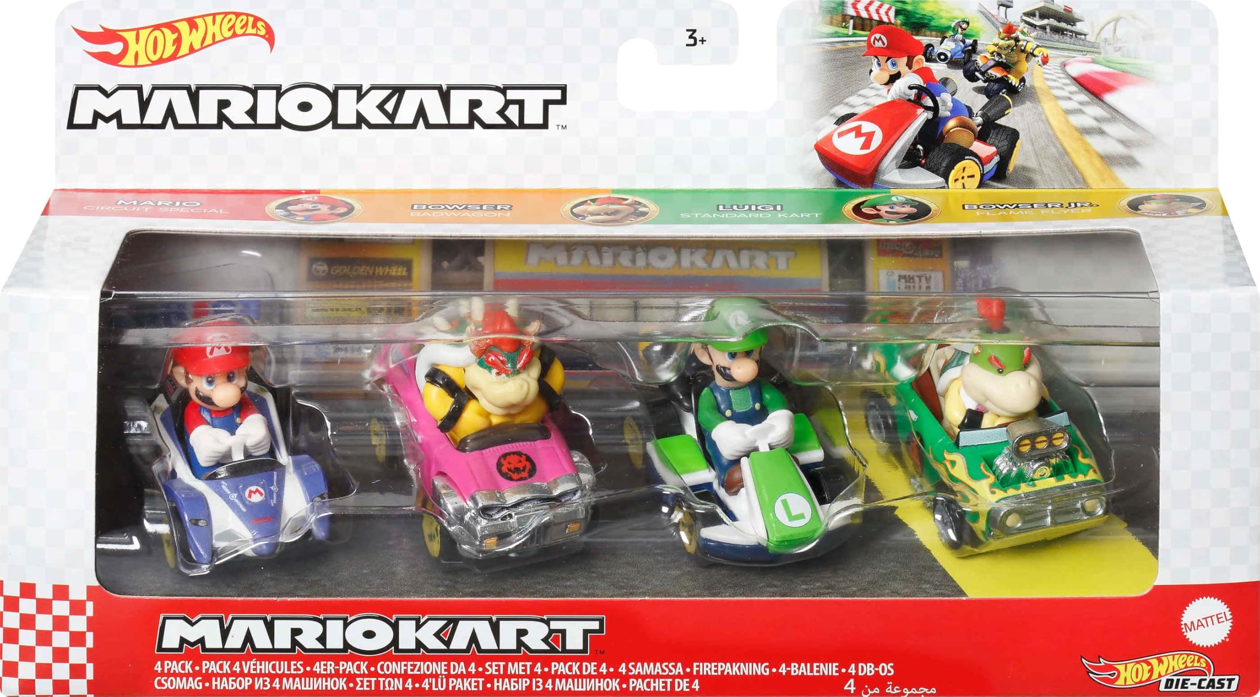 Mario Kart, Surprise Pack of 4 Cars, Luigi, Mario, Bowser and Bowser Jr, Toys for Boy, Mattel
