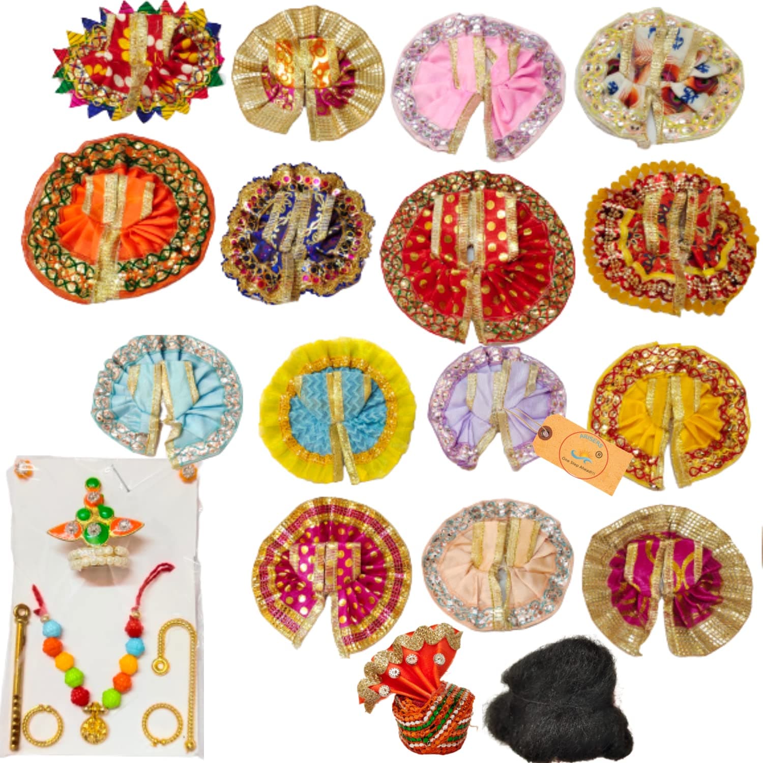 ARISERS Laddu Gopal Dress Combo of 15 Poshak with Multi Colors, 1 Hair, 1 Pagdri, 1 Shringaar Set, Size (1-2), Silk and Cotton Mix Krishna ki Dresses