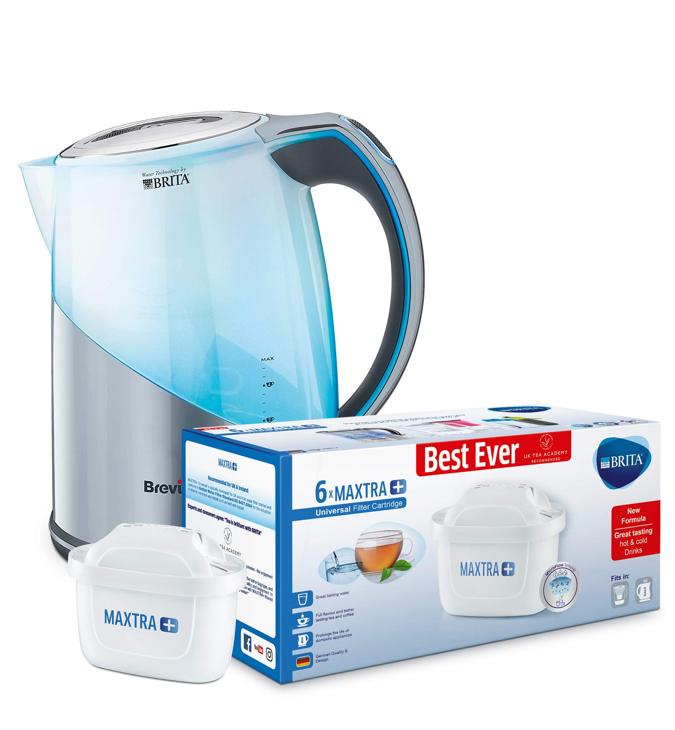 Breville VKJ972 BRITA Filter Maxtra Jug Kettle, 1 Litre, 3000 W, Silver with BRITA Maxtra+ Water Filter Cartridges, White, Pack of 6 (UK Version)