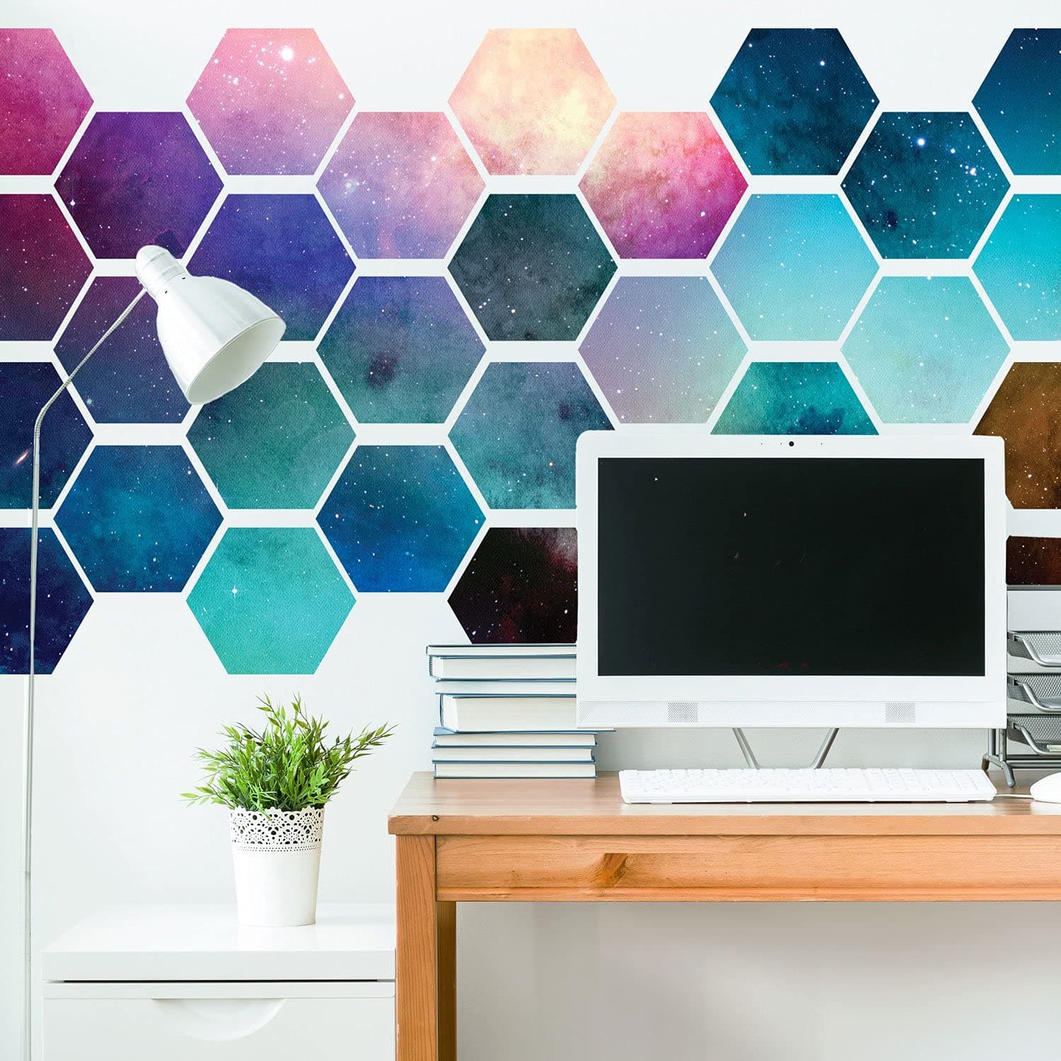 Hexagonal Space Wall Decal Tiles - Create Your Own Geometric Wall Mural by Chromantics