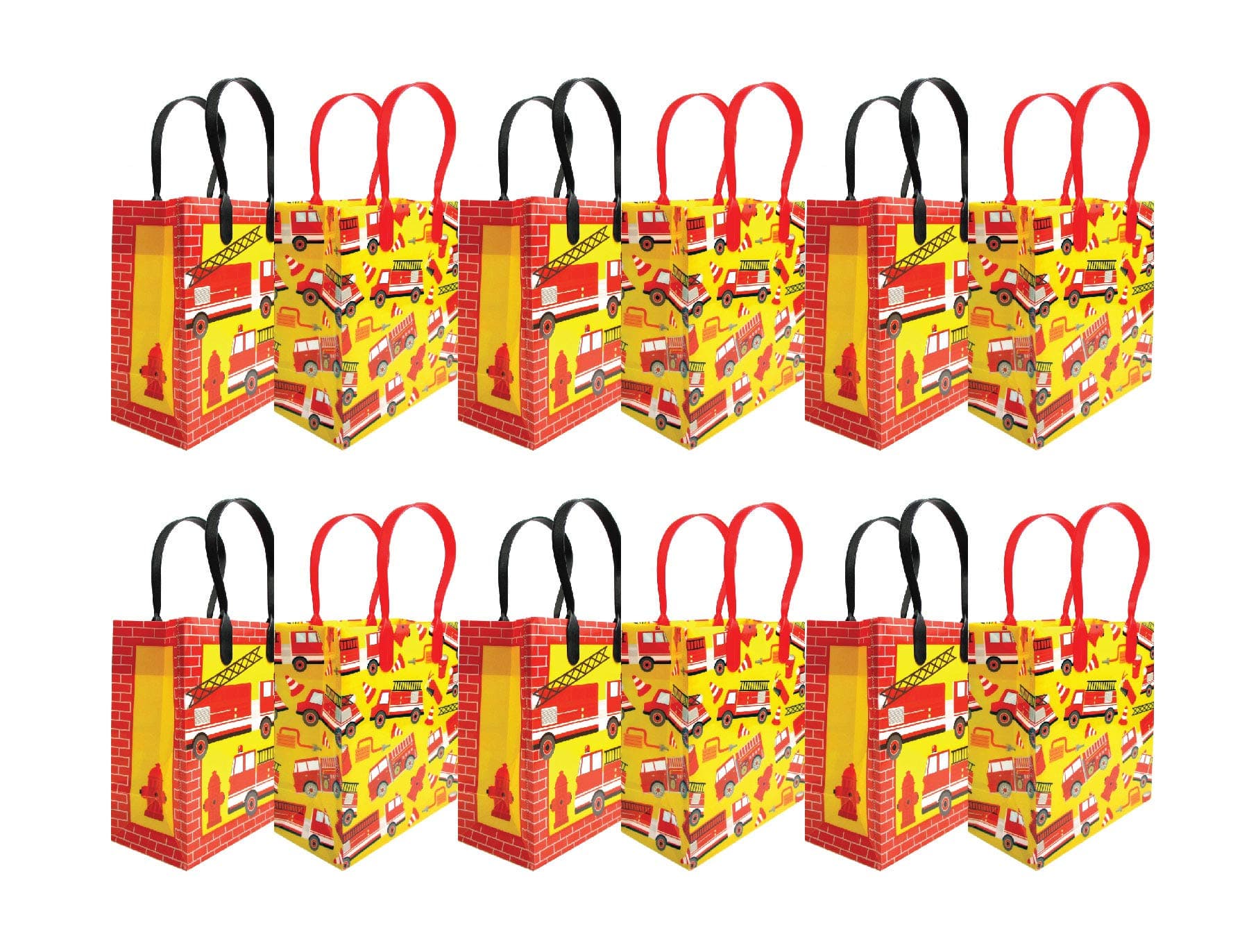 Tiny Mills Fire Truck Themed Party Favor Bags Treat Bags with Handles, Firefighter Fire Engine Birthday Party Goodie Bags Candy Bags for Toddler Birthday Party, Pack of 12