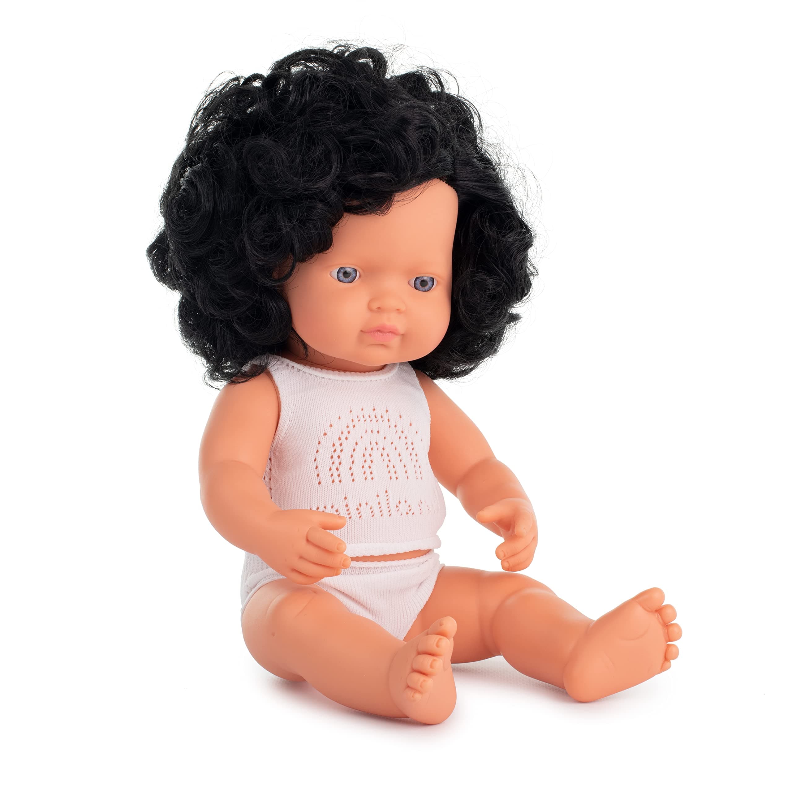Miniland Baby doll Caucasian curly black hair girl 38cm in retail box with underwear