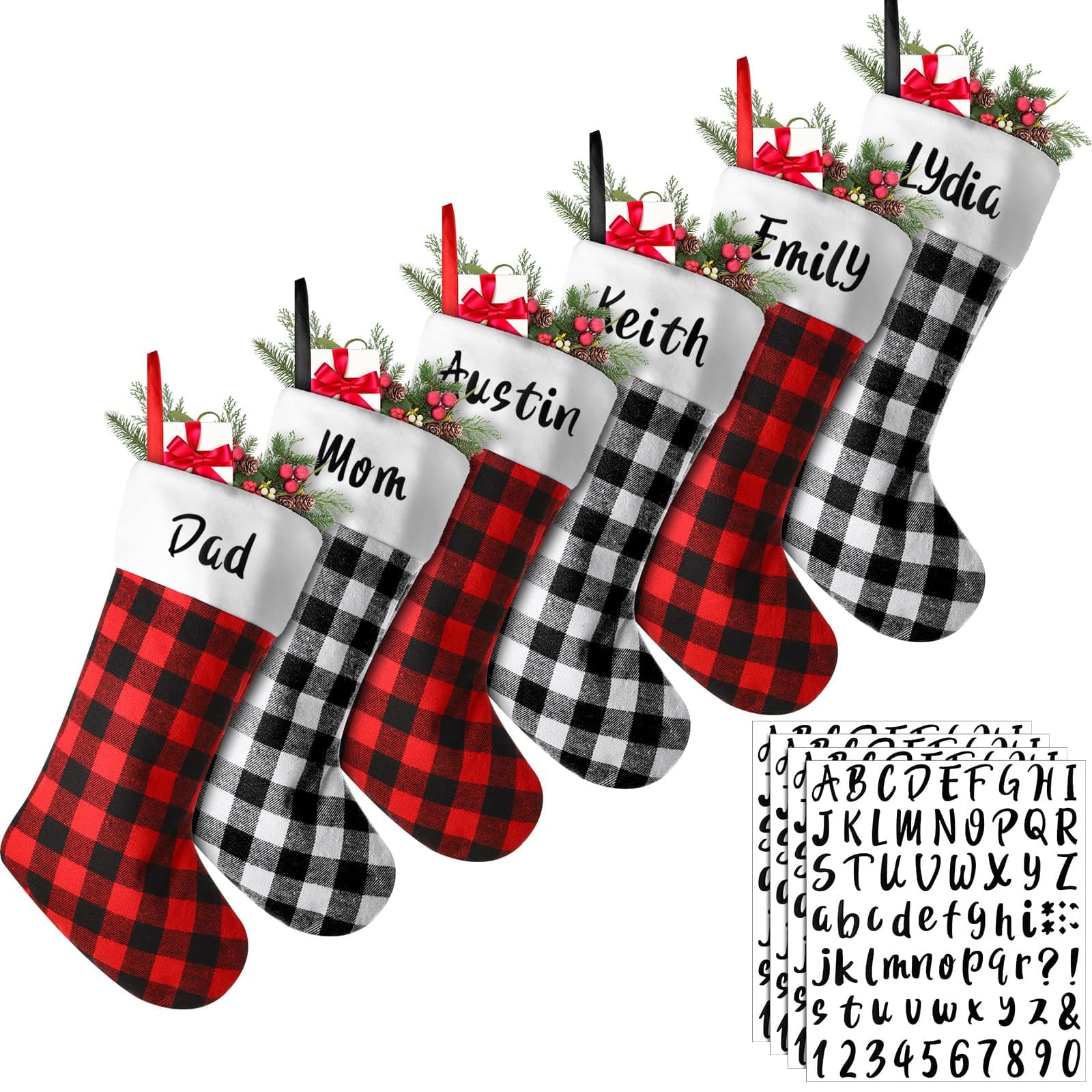 Tatuo 6 Pack Christmas Burlap Buffalo Plaid Stockings Large 18" Xmas Stockings with 6 Letter Adhesive Vinyl Sticker Christmas Tree Hanging Decorations Xmas Party Supplies(Black Red, Black White)