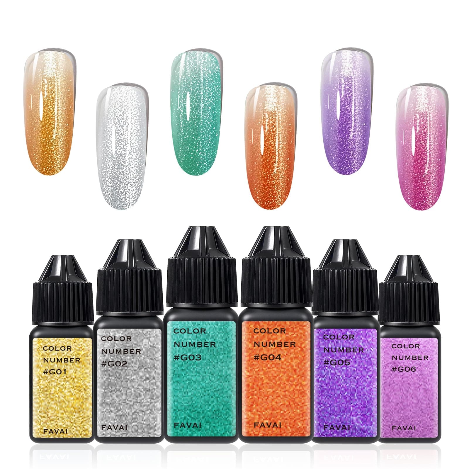 FAVAI 6 Colors Airbrush Gel Nail Polish Kit Air Gel Set Glitter Collection 6 * 15ml