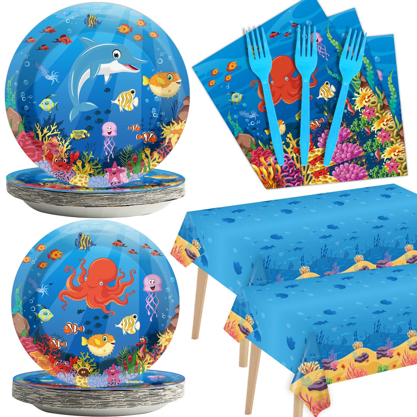 Ocean Animal Party Tableware Kit for 24 Guests for Under the Sea Party Birthday Theme Party Decorations Dolphin Fish Party Table Supplies Includes Plates, Napkins,Tablecloths Ideal