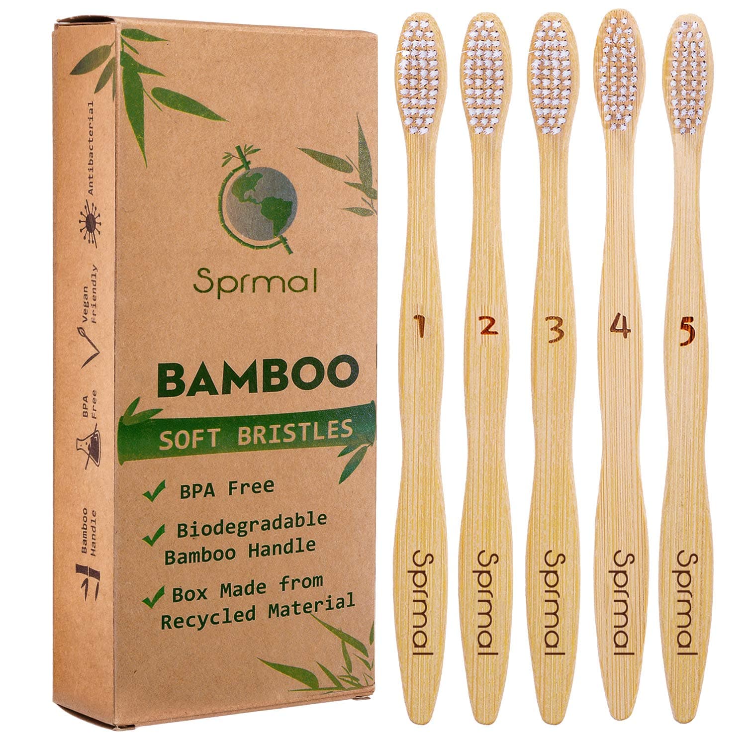 5pcs Sprmal Bamboo Toothbrushes 100% Natural Organic Biodegradable and Vegan Bamboo Soft BPA Free Nylon Bristles For Sensitive Gums