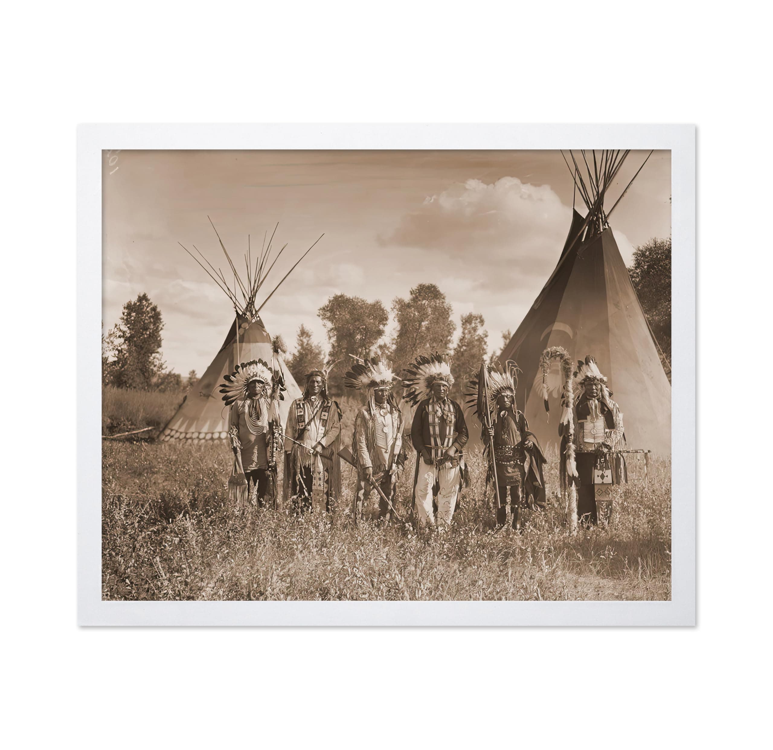Poster Master Vintage Native American Poster - Retro Crow Creek Warrior Print - Crow Reservation Art - Indian Tribe Art - Gift for Men, Women - Decor for Bedroom, Living Room, 8x10 White Framed
