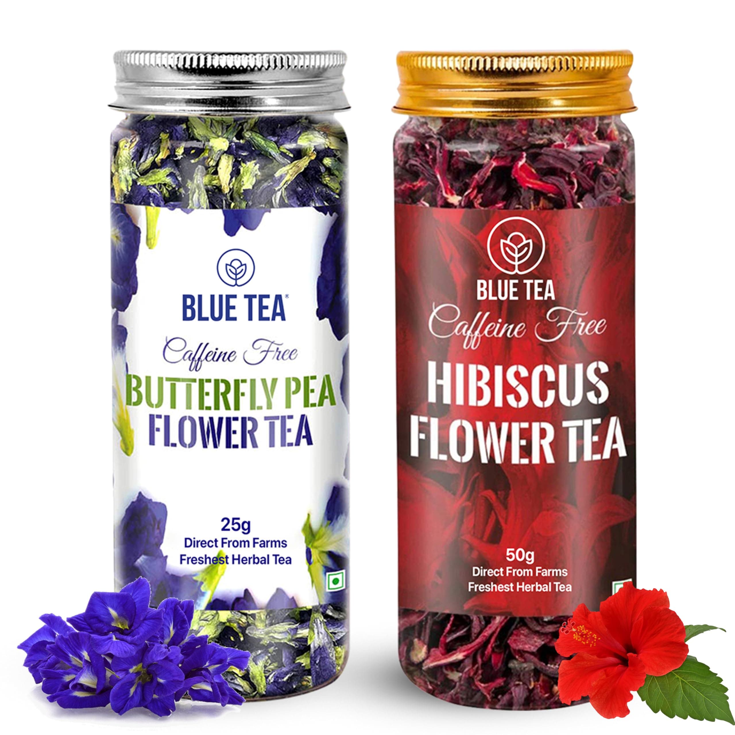 Combo Pack, Blue Tea Butterfly Pea Flower Tea (0.88 Oz) and Hibiscus Flower Tea (1.76 Oz) ll FARM PACKED ll Caffeine Free Herbal Tea - Gluten Free - GMO Free