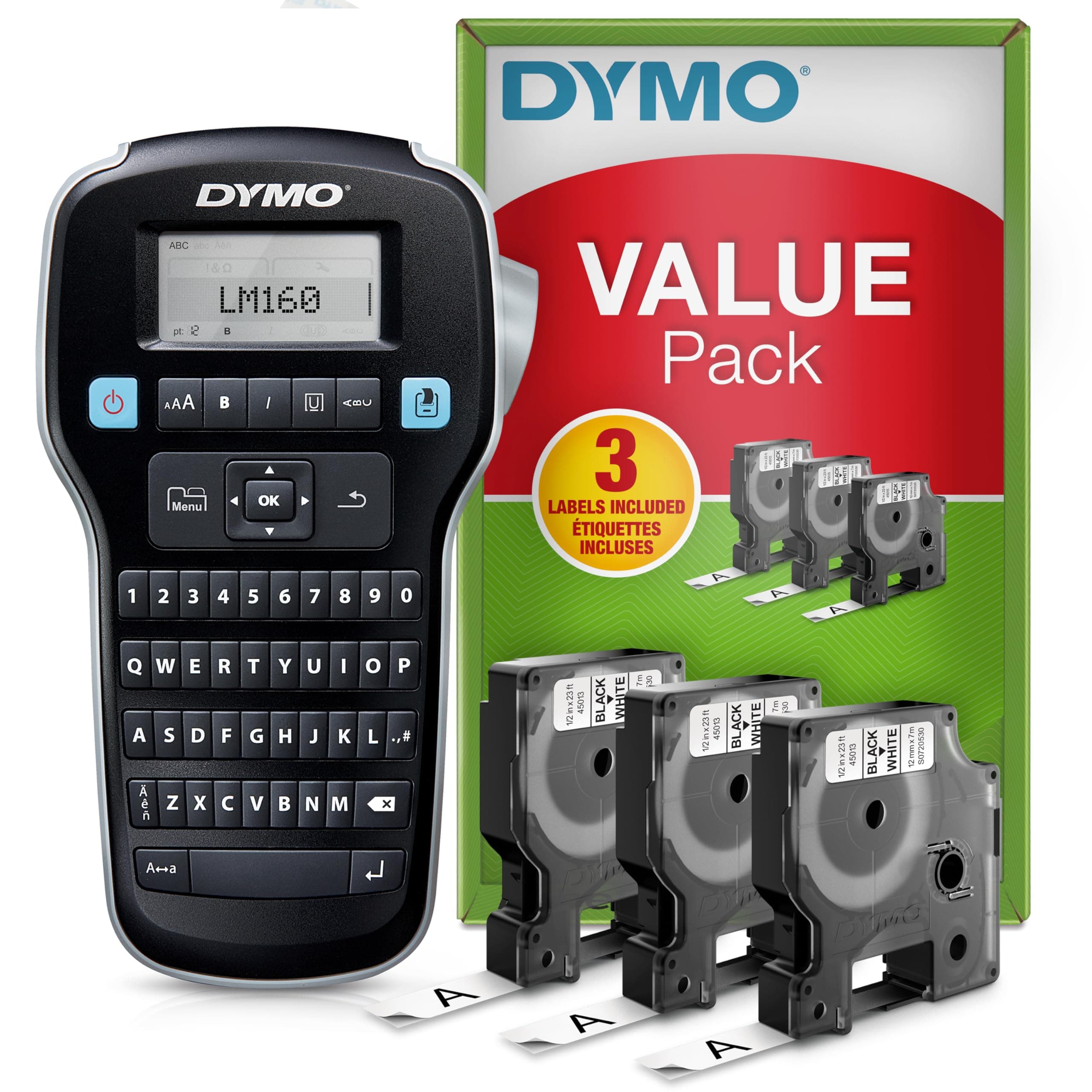 LabelManager 160 Label Maker Starter Kit | Handheld Label Maker Machine | with 3 rolls of Dymo D1 Label Tape | QWERTY Keyboard | Ideal for Office or Home