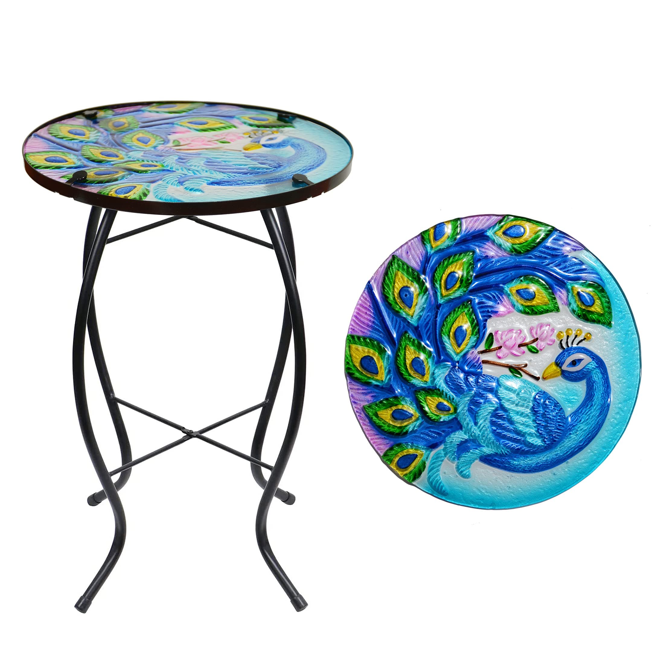 NewVees Peacock Patio Side Table, Small Patio Outdoor Side Table, Plant Table,Metal Glass End Table for Porch Garden Yard Pool.