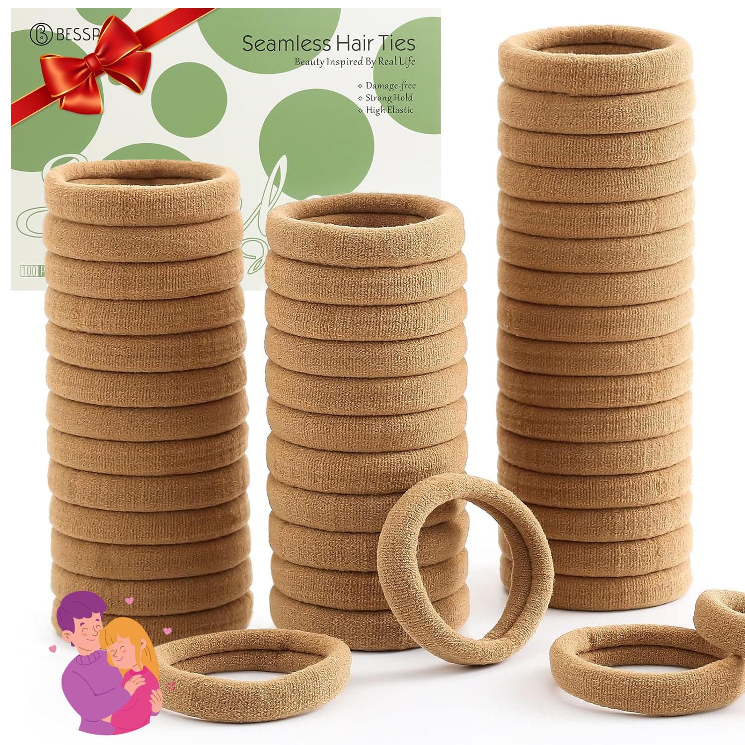 Bessrung 100 Pcs Thick Seamless Brown Hair Ties, Ponytail Holders Hair Accessories No Damage for Thick Hair