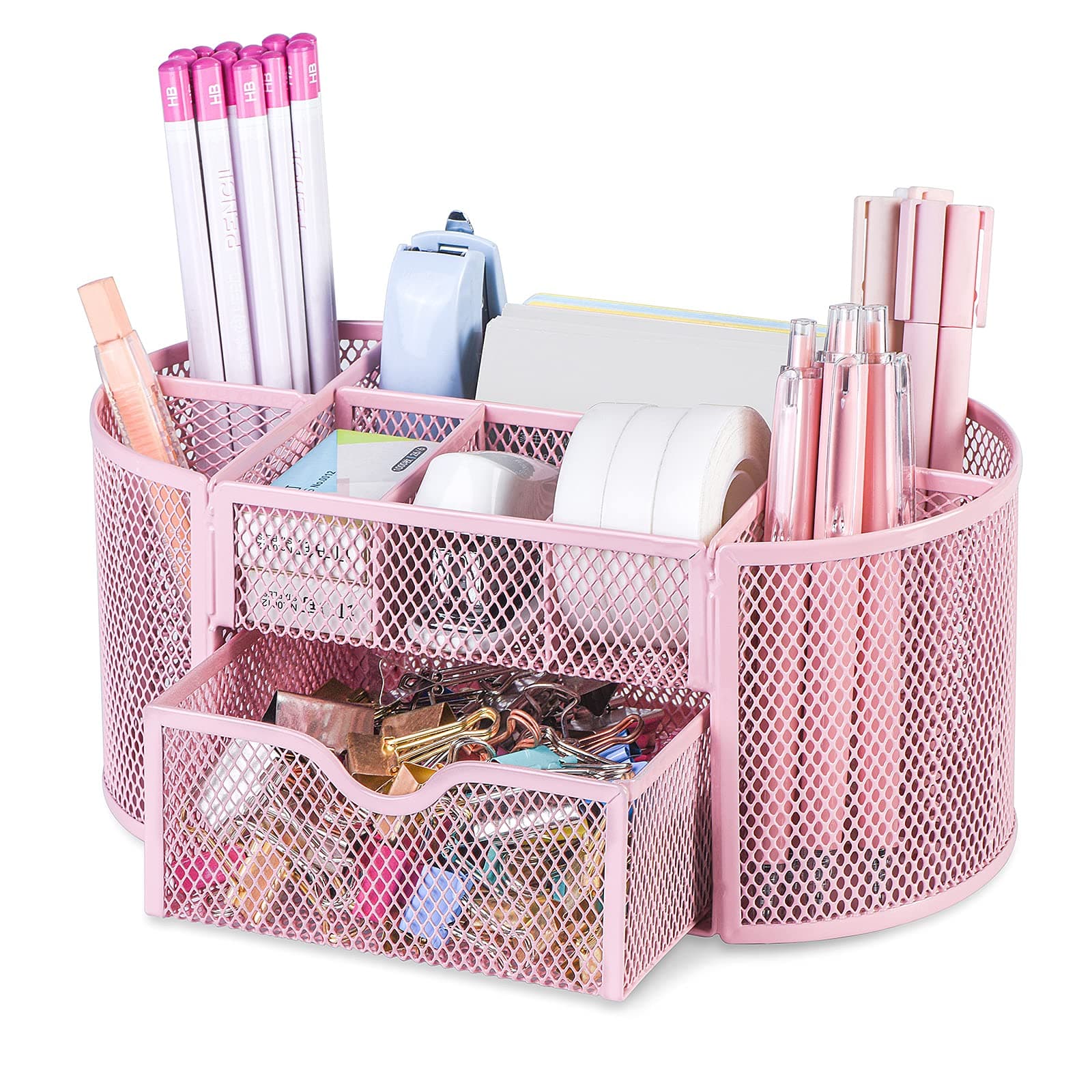 POPRUN Pink Desk Supplies and Accessories Organization, Desktop Organizer with Drawer, Cute Pen/Pencil Holder, Art Supply Storage Box Caddy for Women Office,School Classroom and Art Supply