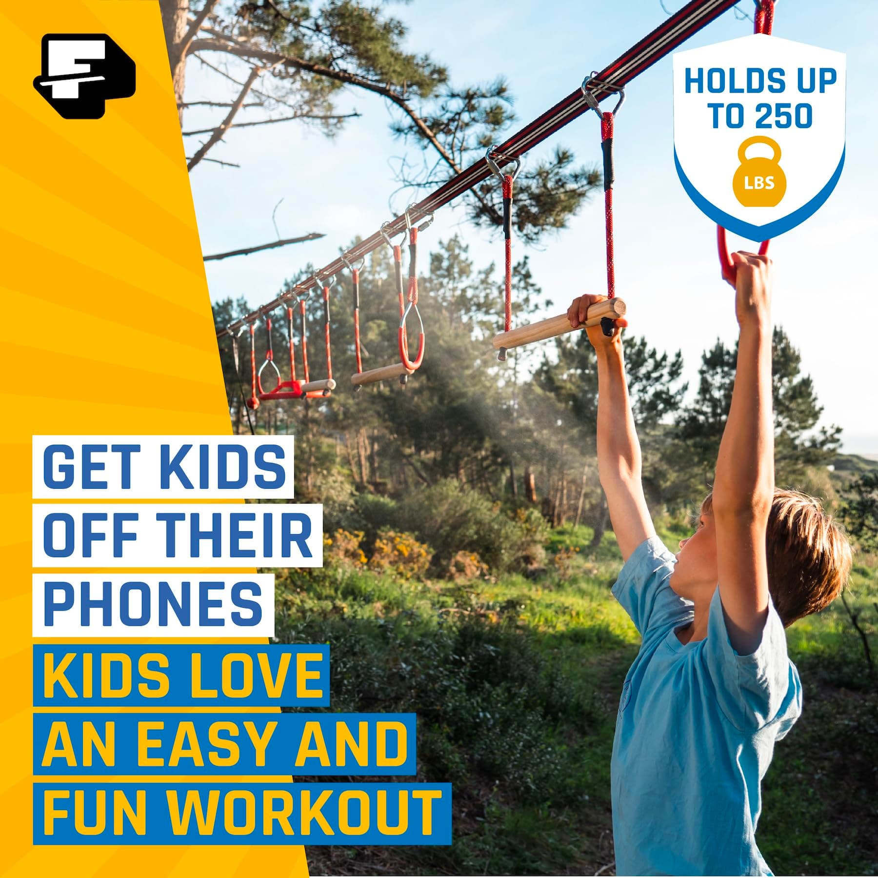 Fofana Ninja Warrior Obstacle Course for Kids Outdoor 65ft - Ninja Slider Included - 11 Biggest Ninja Course Obstacles - Climbing Ladder, Gymnastics Rings