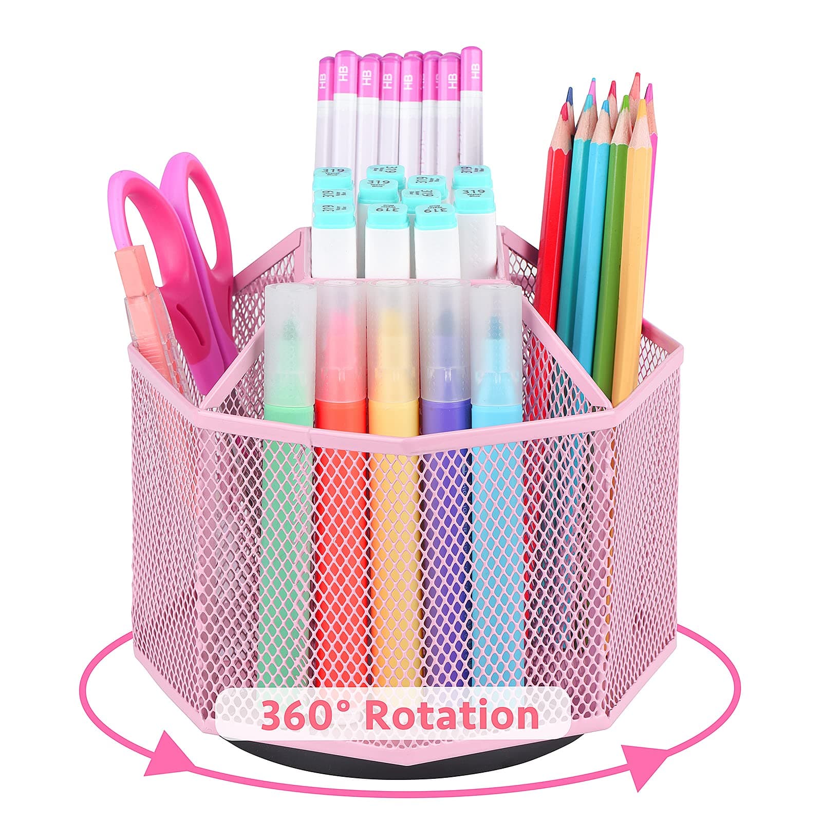 POPRUN Pink Desk Supplies and Accessories, Cute Pen/Pencil Holder, Rotating Art Supply Storage Box Caddy for Office, School, Classroom and Art Supply for Girls