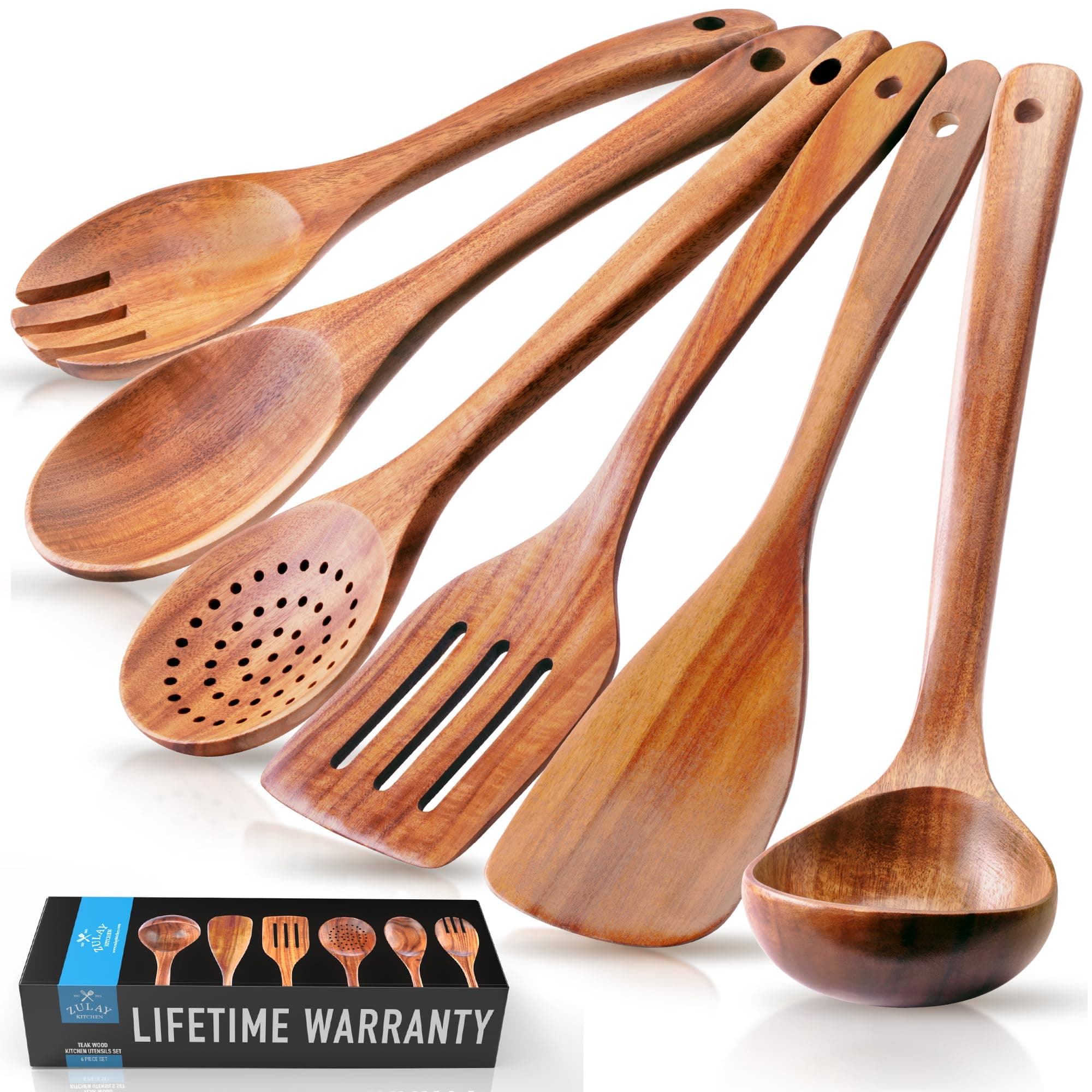 Zulay Kitchen Extra-Large 6-Piece Wooden Spoon Set for Cooking - Smooth Teak Wooden Utensils - Comfort-Grip Non-Stick Wooden Cooking Spoons - Large Wooden Turner, Spatula, Skimmer, Fork, Serving Spoon