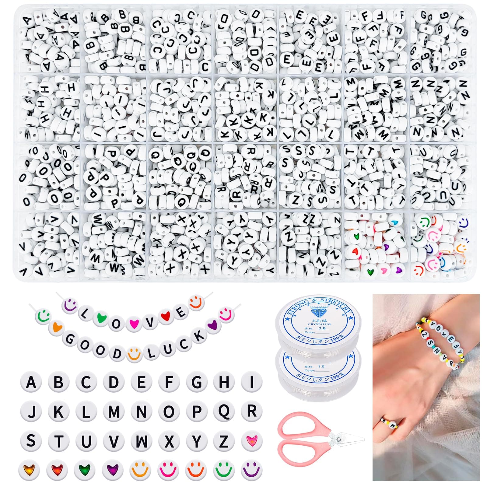 CoKeeSun Letter Beads 1680Pcs, 4x7mm Round Alphabet Beads for Bracelet & Necklace Making, A-Z Assorted Bead (Smiley & Heart), 2 Elastic Cord for Jewellery DIY Craft