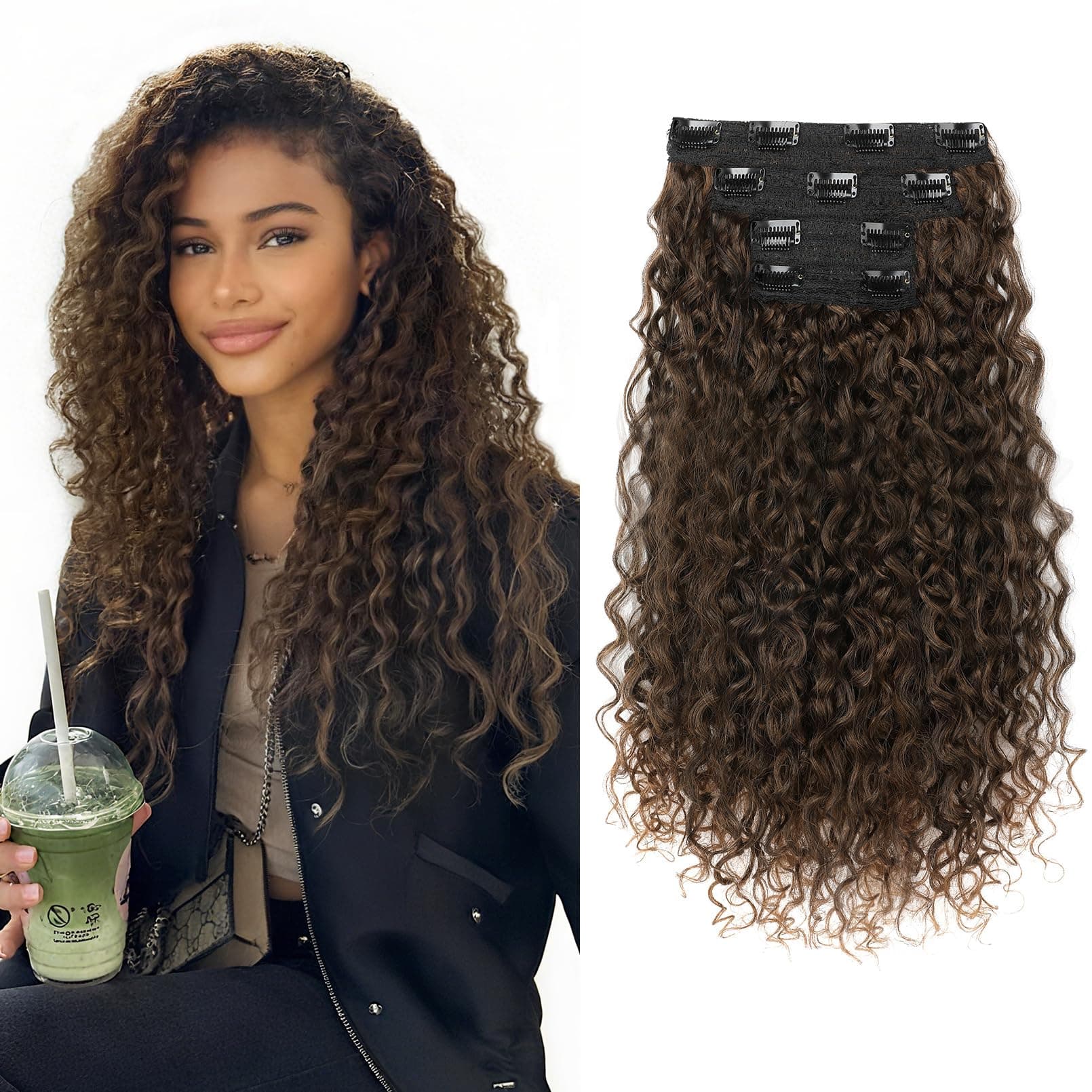 Clip in Hair Extensions, FLUFYMOOZ 4PC 100% Pure Protein Silk Hair Extensions Long Soft Natural Hairpiece 16 Inch Curly Hair Extension for Women (Dark Almond brown with copper)