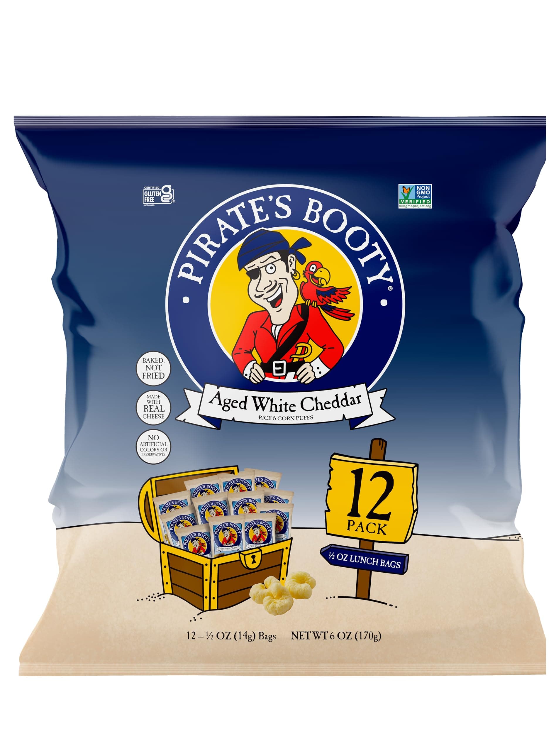 Pirate's Booty Aged White Cheddar Cheese Puffs, Gluten-Free, Kids Snacks, 0.5oz (12ct)