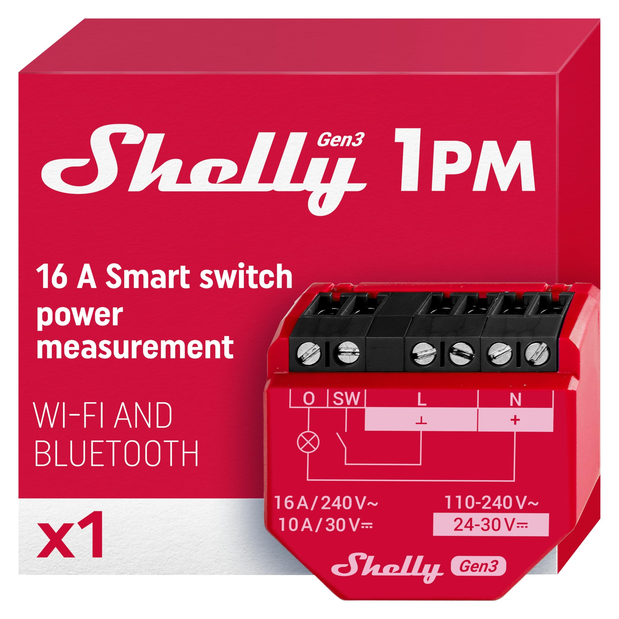 Shelly 1PM Gen3 - Wi-Fi Smart Relay Switch, 16A, Power Monitoring, Real-Time Power Metering, Home Automation, Alexa & Google Home, iOS & Android App, No Hub Required