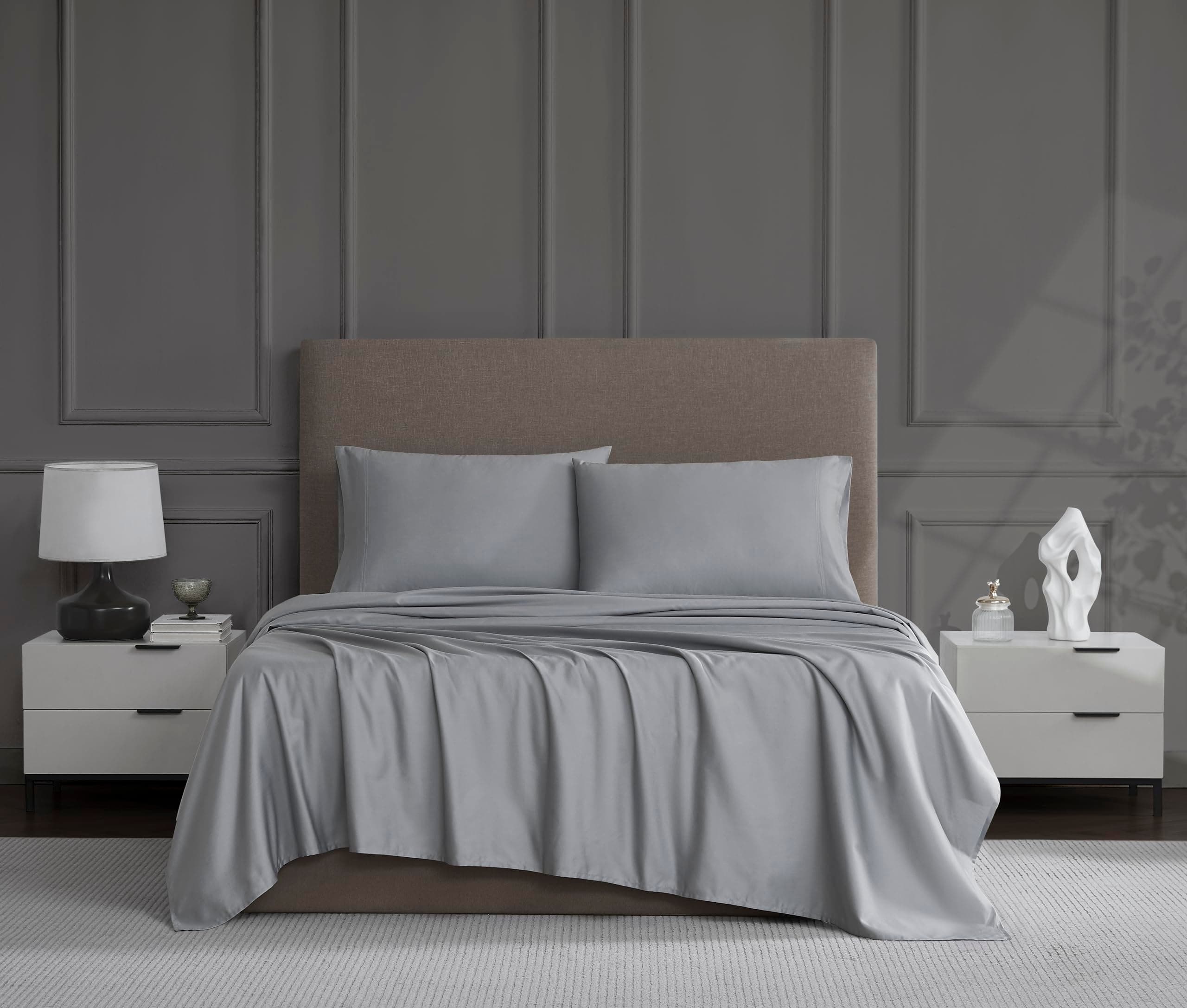 Linen Closet Queen Sheet Set – 4-Piece Cotton Blend, 1200 Thread Count Ultra Soft & Silky Sateen, Moisture Wicking, Wrinkle Resistant, Quick Dry, Deep Pocket up to 18", Durable & Easy Care, Light Gray