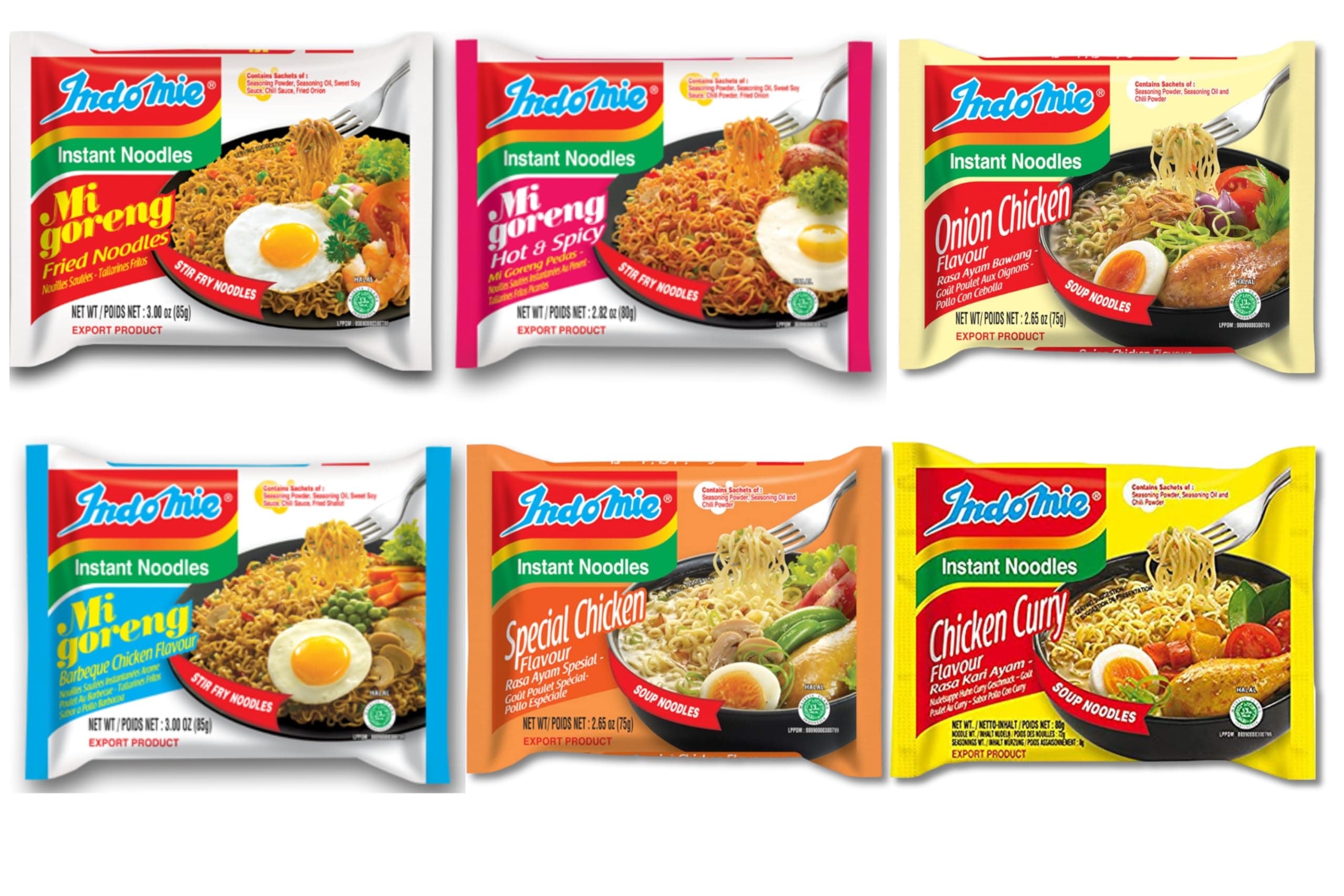 Indomie Variety Pack - 6 Flavors in 1 Case (30 Bags)